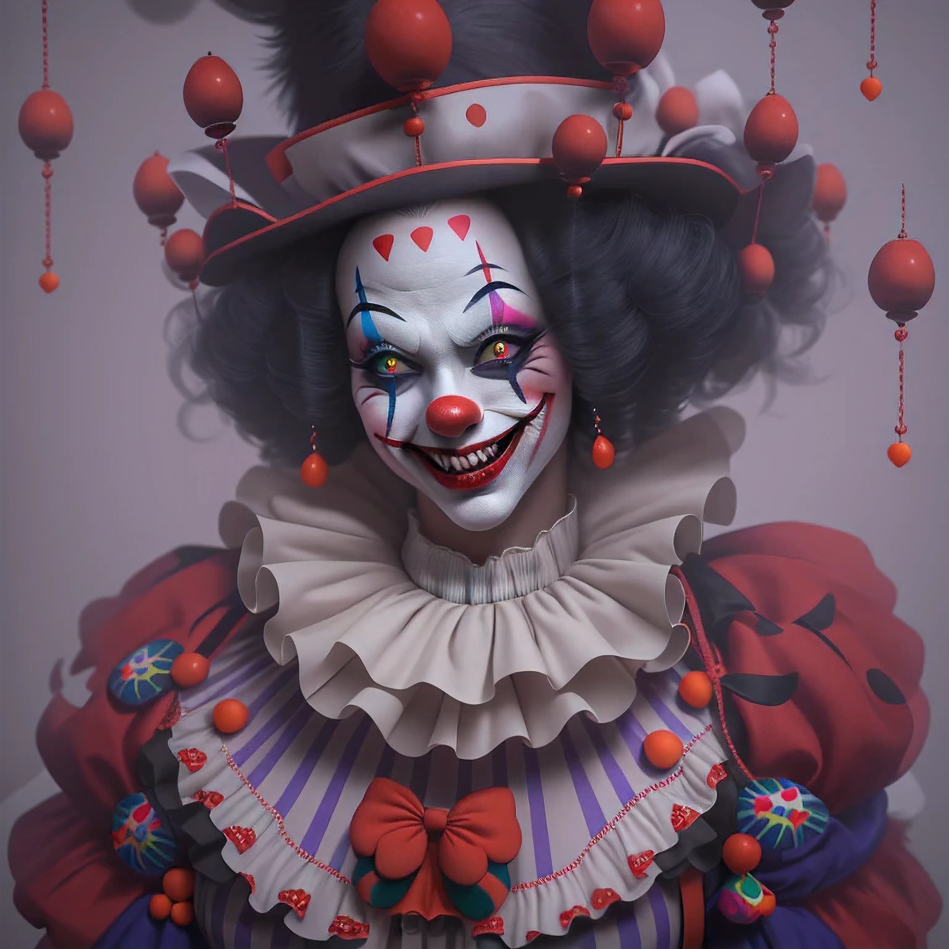 The Clown Queen, Exaggerated body movements,Red eyes,cutecore clowncore, jocker, 4k highly detailed digital art, stunning digital illustration, trending on artstation hq, 3d render digital art