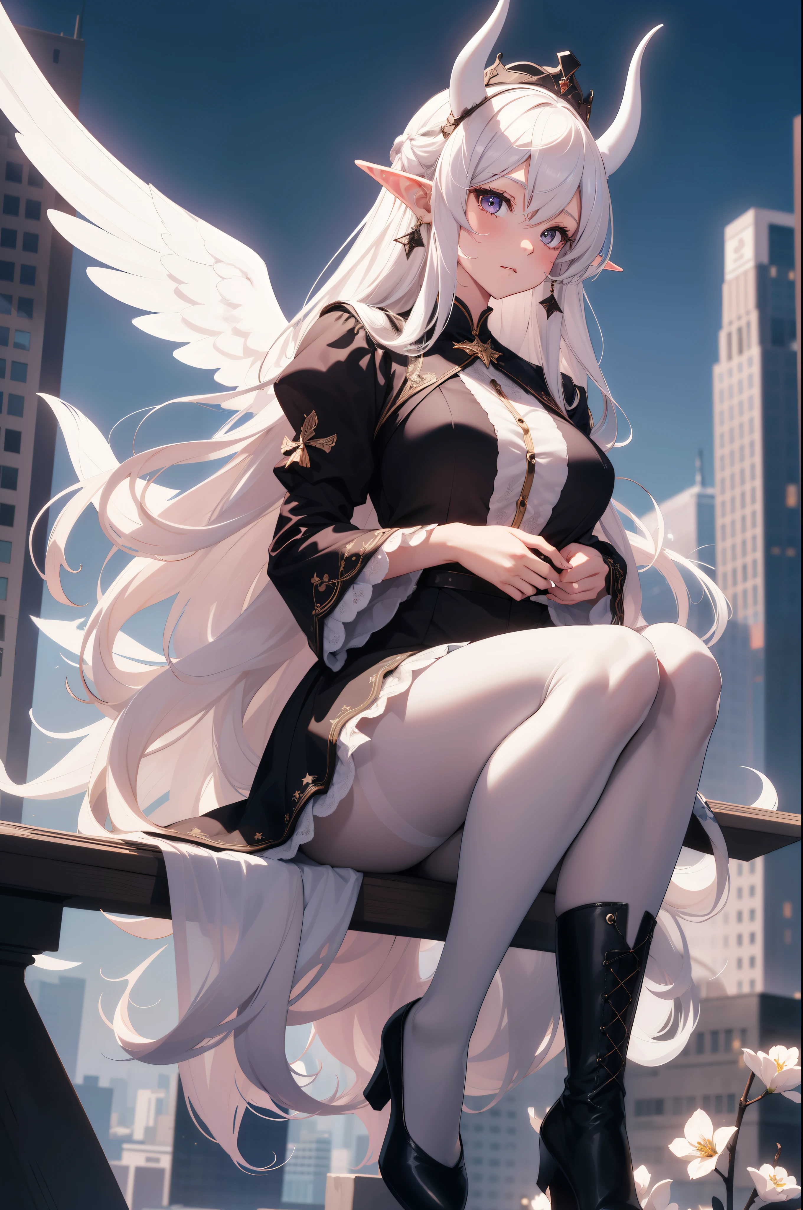 giant girl 50,000 feet high，Weight 1000kg，Have a pair of long legs，Keep your eyes open，Has three pairs of huge white angel wings，With huge devil horns on his head，wear a crown on your head，Elf wearing white earrings，She has long pink hair that reaches her feet，loose hair，Pink wavy long curly hair，Wearing a pair of black boots on her feet，white sleeves，Wearing white lace hose，Bow and star embellished tights，白色蕾丝whole body，Stand on the tall buildings of the city，Beautiful appearance，Exquisite makeup，quality，8k，高quality，Perfect proportion, Cinema lighting，film grain，Fuji colors，8k，textured skin，Super details，high detail，high resolution，charming，blood stains，脚底有blood stains，whole body，fat，elf princess，feather，flowers