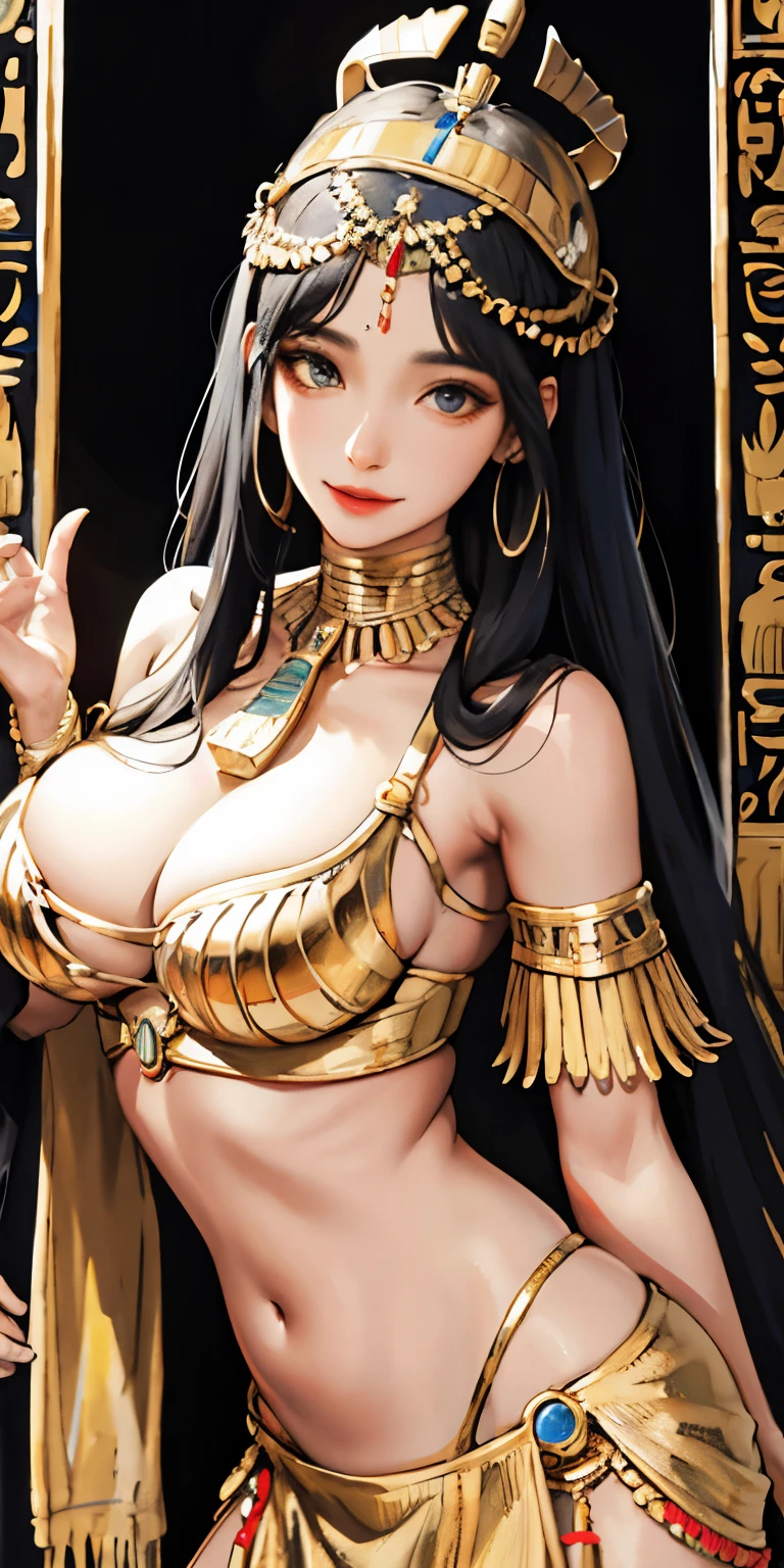 Realistic、Ancient Egypt、Girls in Cleopatra style、Clothing in the time of the pharaohs、Slightly emphasizes breasts and cleavage、face real、Sexy、Face smile big chest