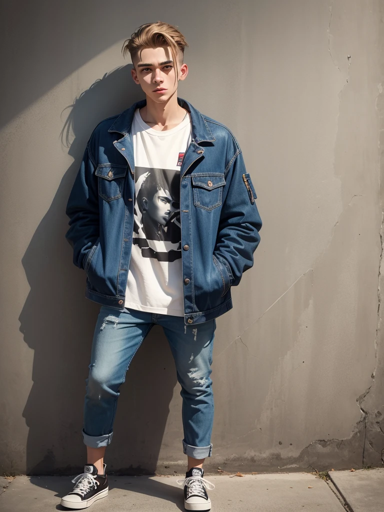 Homem de 18 anos, pele clara, corpo definido, cabelo undercut comprido, jeans and jacket, brincos nas orelhas, Standing in a square, WITH A SKATEBOARD IN HAND