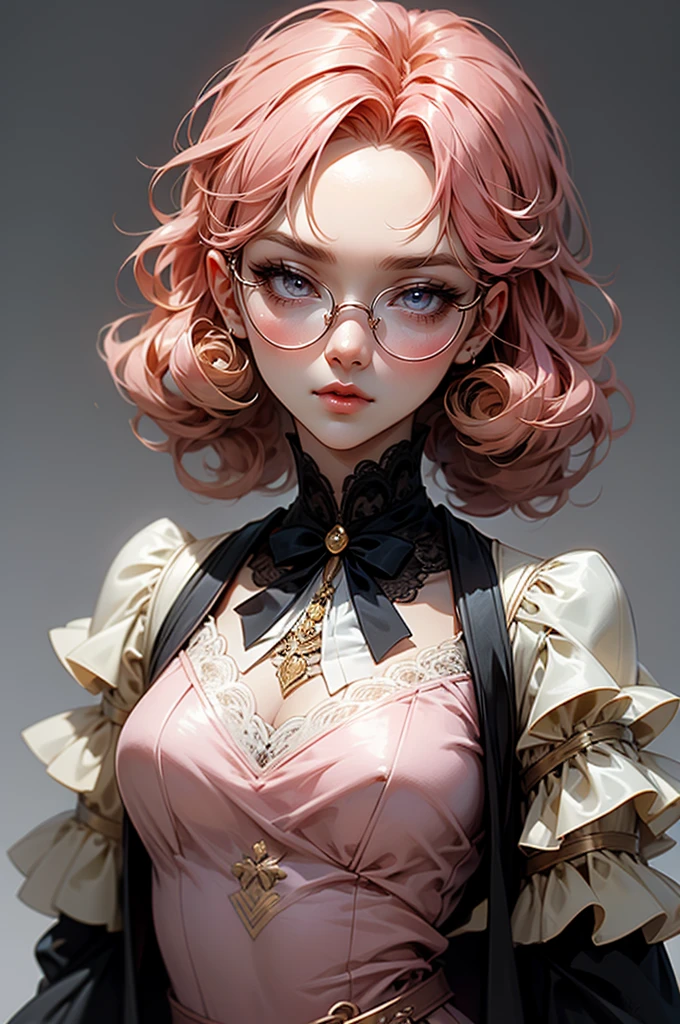 Anime girl tuxedo with curly rose gold hair and round gold glasses, rose gold eyes. Guviz style art, attractive detailed art style, Charlie Bowater Style, 1 7 - year - old cute anime girl, detailed manga style, detailed anime character art, germ of art. High detail, stunning manga art style. Rose dress. (pink dress) . Wearing rose gold Victorian clothing.