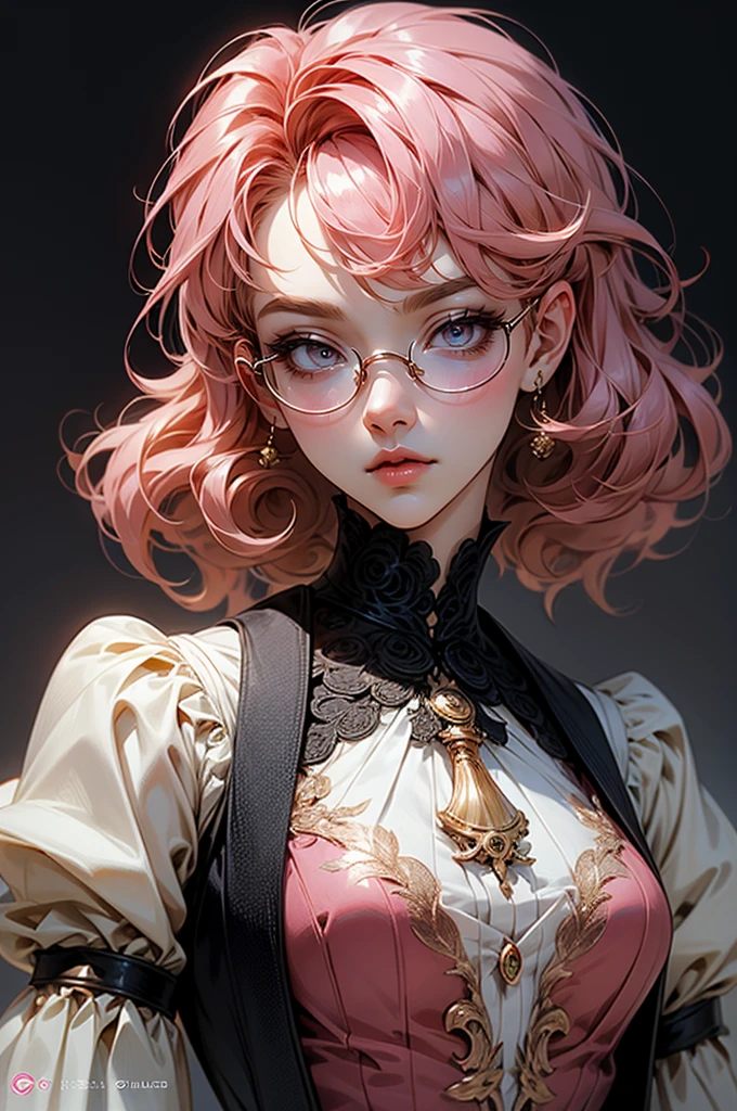 Anime girl tuxedo with curly rose gold hair and round gold glasses, rose gold eyes. Guviz style art, attractive detailed art style, Charlie Bowater Style, 1 7 - - old e anime girl, detailed manga style, detailed anime character art, germ of art. High detail, stunning manga art style. Rose dress. (pink dress) . Wearing rose gold Victorian clothing.
