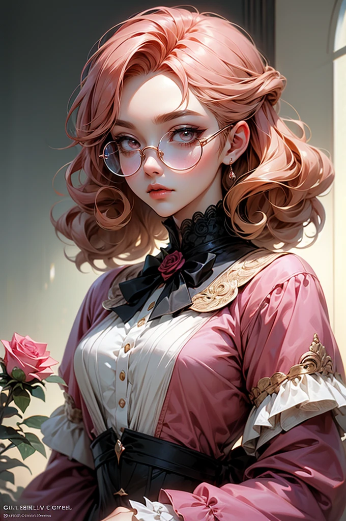 Anime girl tuxedo with curly rose gold hair and round gold glasses, rose gold eyes. Guviz style art, attractive detailed art style, Charlie Bowater Style, 1 7 - year - old cute anime girl, detailed manga style, detailed anime character art, germ of art. High detail, stunning manga art style. Rose dress. (pink dress) . Wearing rose gold Victorian clothing.