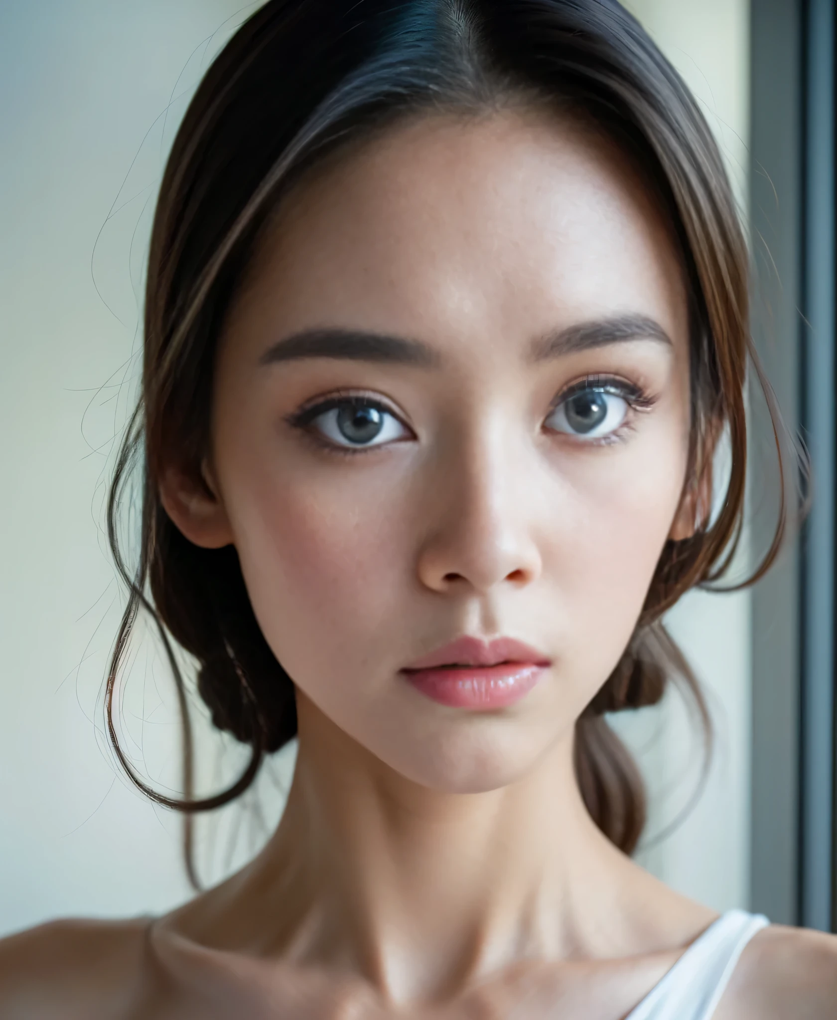 genuine、8K、there is a woman that is looking out of a window, single woman,、Portrait of an idol, young asian woman, from me,  beautiful young korean woman, perfect face、beautiful blue eyes、anatomically correct
