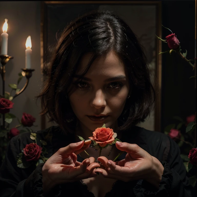(highres, oil painting:1.2), vibrant dark, gothic style, detailed blood, small flame, fading rose petals, centered, white woman's hand holding a red rose