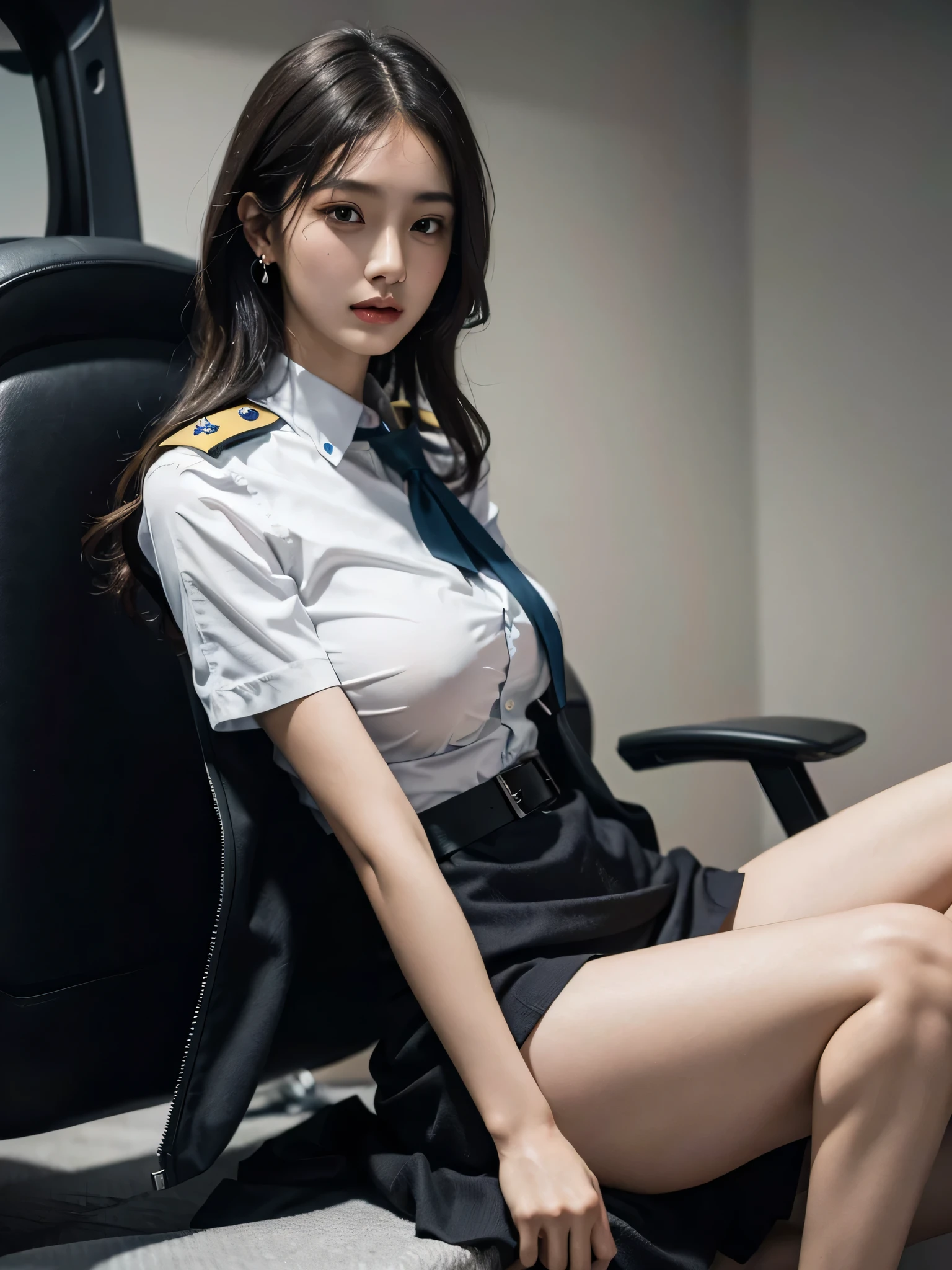 disorganized, RAW photo, very delicate and beautiful, masterpiece, highest quality, ultra high resolution, 16k, surreal, super detailed, perfect anatomy, super dense skin, perfect figure, Highly detailed CG 8k wallpaper, 20&#39;s, very slim body, (tight waist:1.2), very small head, very small face, delicate features, tearful mole, earrings, thin legs, (very huge round breasts:1.2), full body shot, short middle hair, wavy hair, (barefoot:1.1), (police uniform:1.5), collared shirt, skirt,