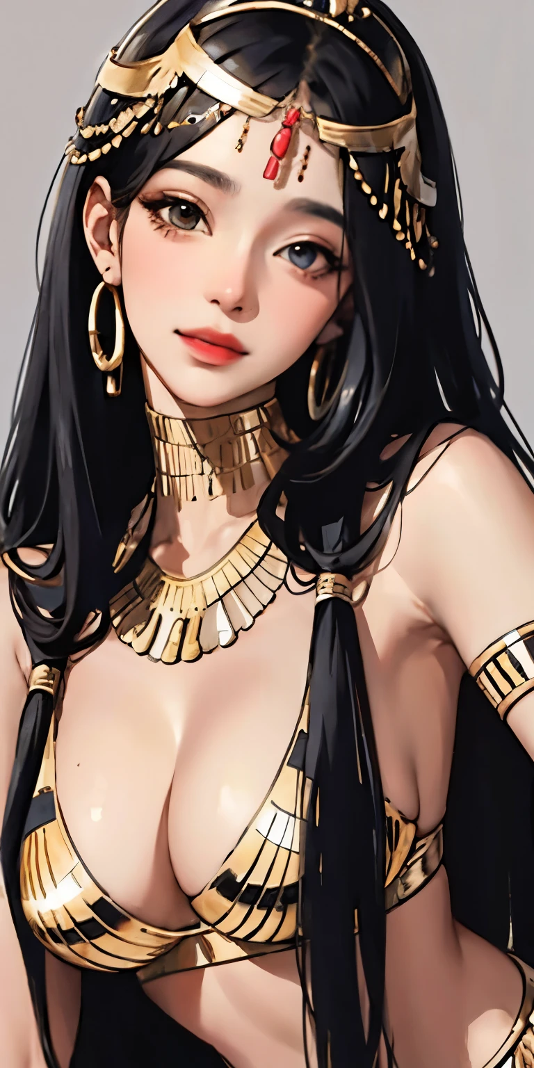 Realistic、Ancient Egypt、Girls in Cleopatra style、Clothing in the time of the pharaohs、Slightly emphasizes breasts and cleavage、face real、Sexy、Face smile big chest