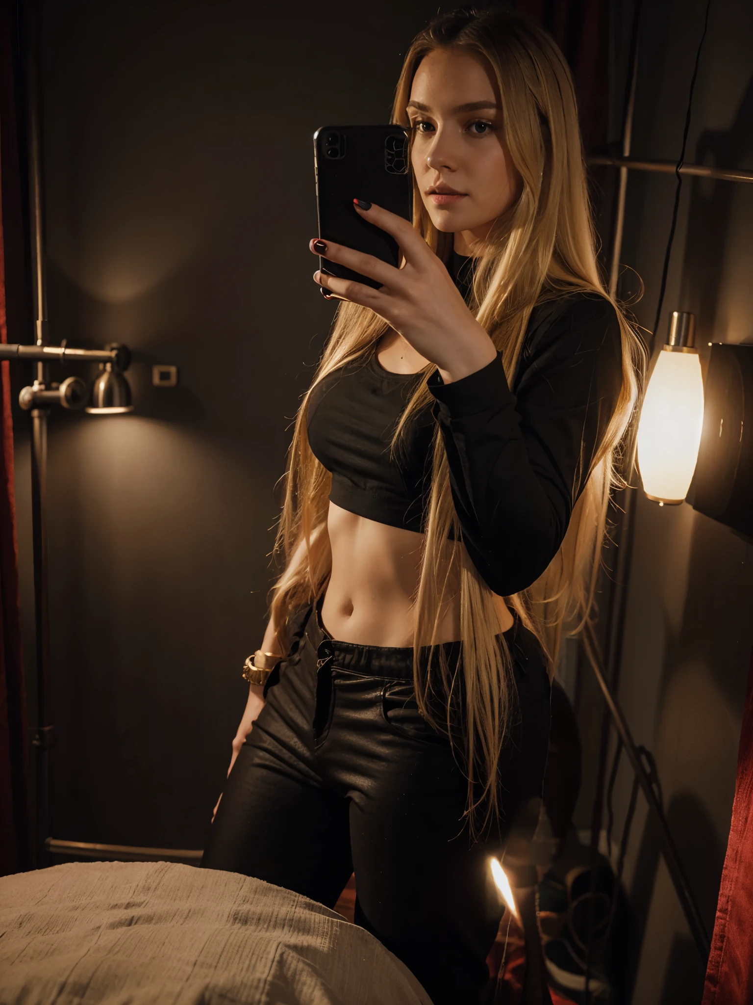 Long blonde hair, black pants, red shirt, bedroom, high quality 
