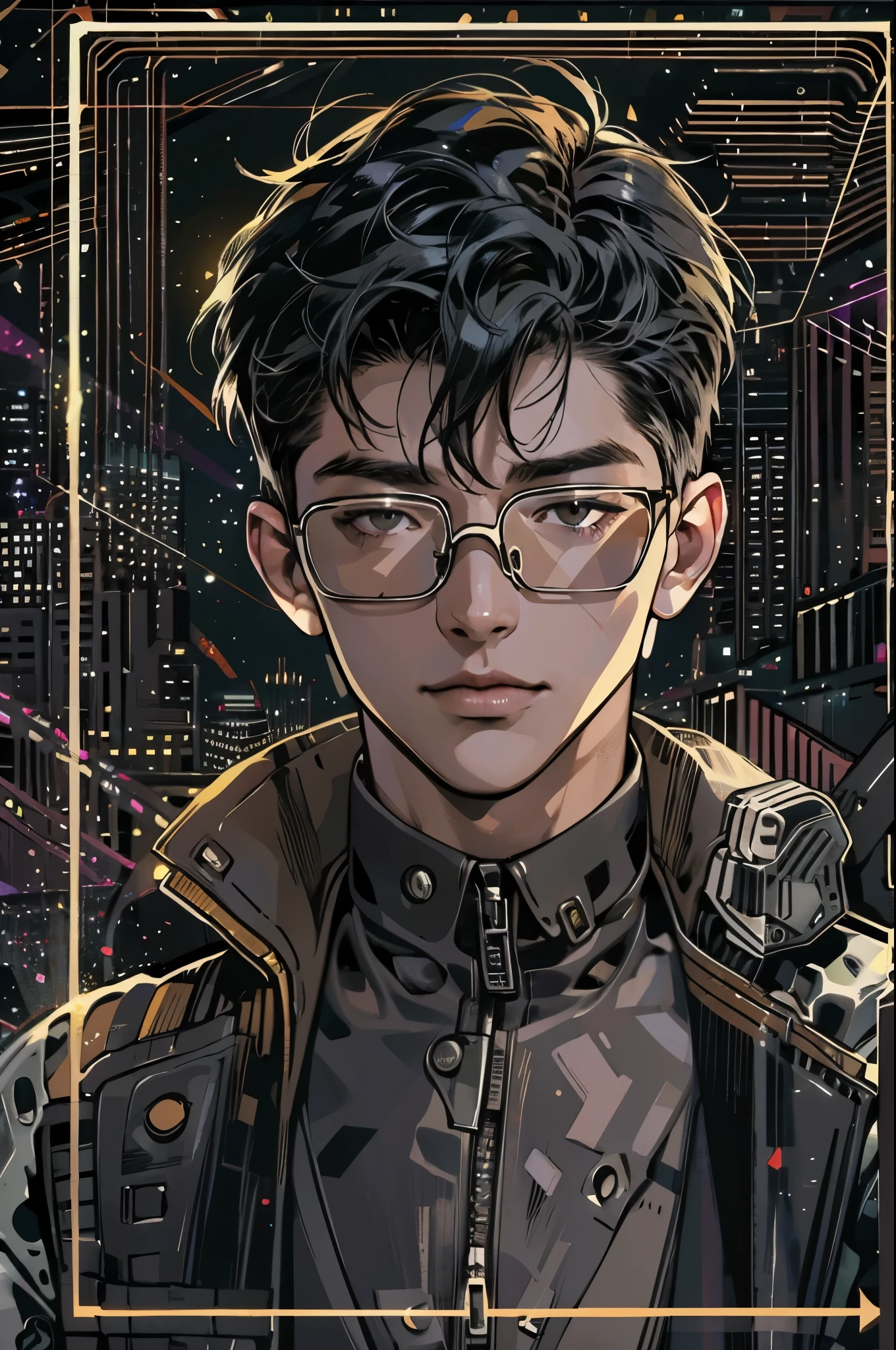 ( highres, ultra detailed, realistic, ), 1 boy,mature, solo, short black hair,  suits,brown eyes,  (glasses)，cyberpunk night sky background, ultra - detailed, best quality, Detailed diagram, vectorized, 8K,  Graphic design, vector lines, Full-HD，upper body