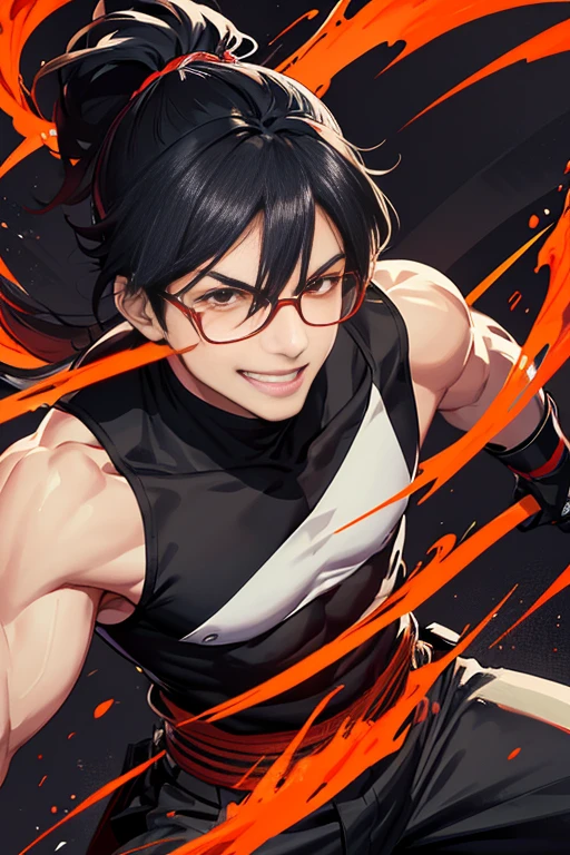 Two-dimensional, anime style, 1 man , solo, (male warrior) , slim body, 30 years old, correct proportions, face details, martial arts, black pants with red stripes on the sides, black male japanese clothes, sleeveless black martial arts uniform with red stripes, obi, marron belt, black tank top with turtleneck, black shoes, wearing sleeveless black gloves,wearing navy blue glasses, long ponytail hairstyle with red stripes, light and shadow tracing, ray tracing, detail glow, CG rendering, hair details, long black and red hair, a lot of details, volcano environment,smiling joyfully, looking at the viewer, making his combat position, surrounded by flames, rising red fire asian dragon