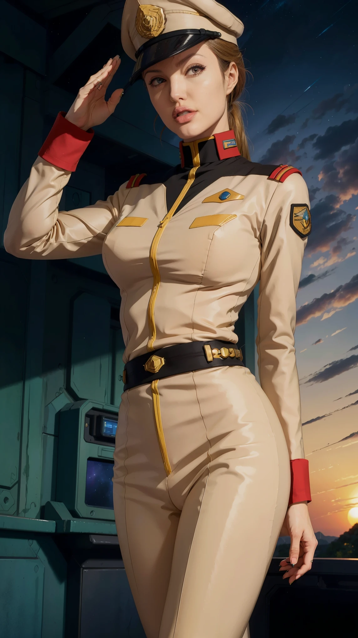 (((masterpiece,highest quality,In 8K,super detailed,High resolution,anime style,Absolutely))),A female Earth Federation Forces officer is standing,(solo:1.5),((ten-hut:1.5)),(((seriously;1.5))),(((Salute with right hand;1.5))),(((stretch your left hand straight:1.5))),(Angelina jolie:1.5),((Sunset in the background:1.5)),((blur background:1.5))),BREAK (Wearing the uniform of the Earth Federation Forces:1.5),(Wearing a federal officer&#39;s hat:1.5),(Beautiful woman:1.4),(Detailed facial depiction:1.4),(beautiful hands:1.4),(detailed hands:1.4),(wallpaper:1.5),(whole body:1.5),((overlooking:1.5))