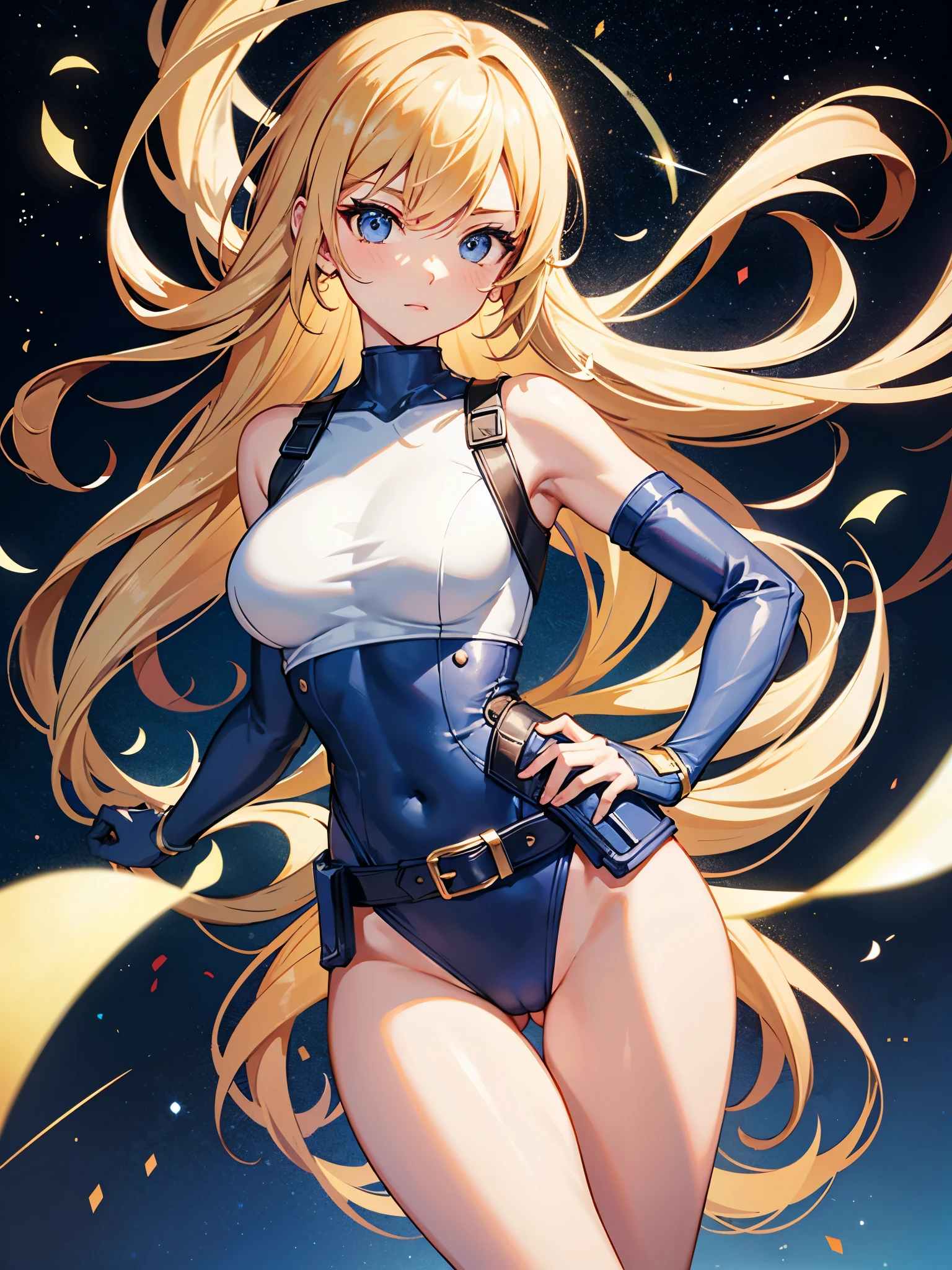 (((pixel-perfect, detail-perfect))), 1girl, superhero, leotard, highleg leotard, bare legs, boots, standing, solo focus, golden belt, hands on hip, full body shot, outer space, sleeveless, ultra highres, absurdres, beautiful face, detailed eyes, symmetric eyes, perfect body, good proportions, mature lady