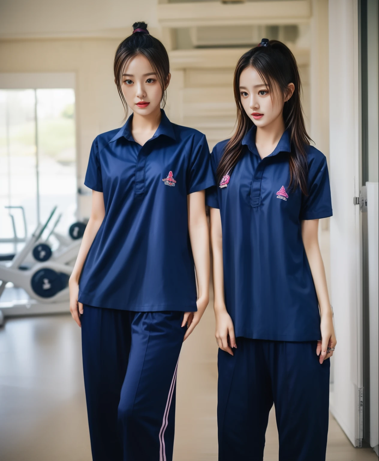 2 girls in the fitness room, Navy blue short-sleeved shirt,Navy Long Trackpant,Sweatpants, Sweatpantsขายาว,25 year old girl, lesbian, sexy, exercise clothes, wet body