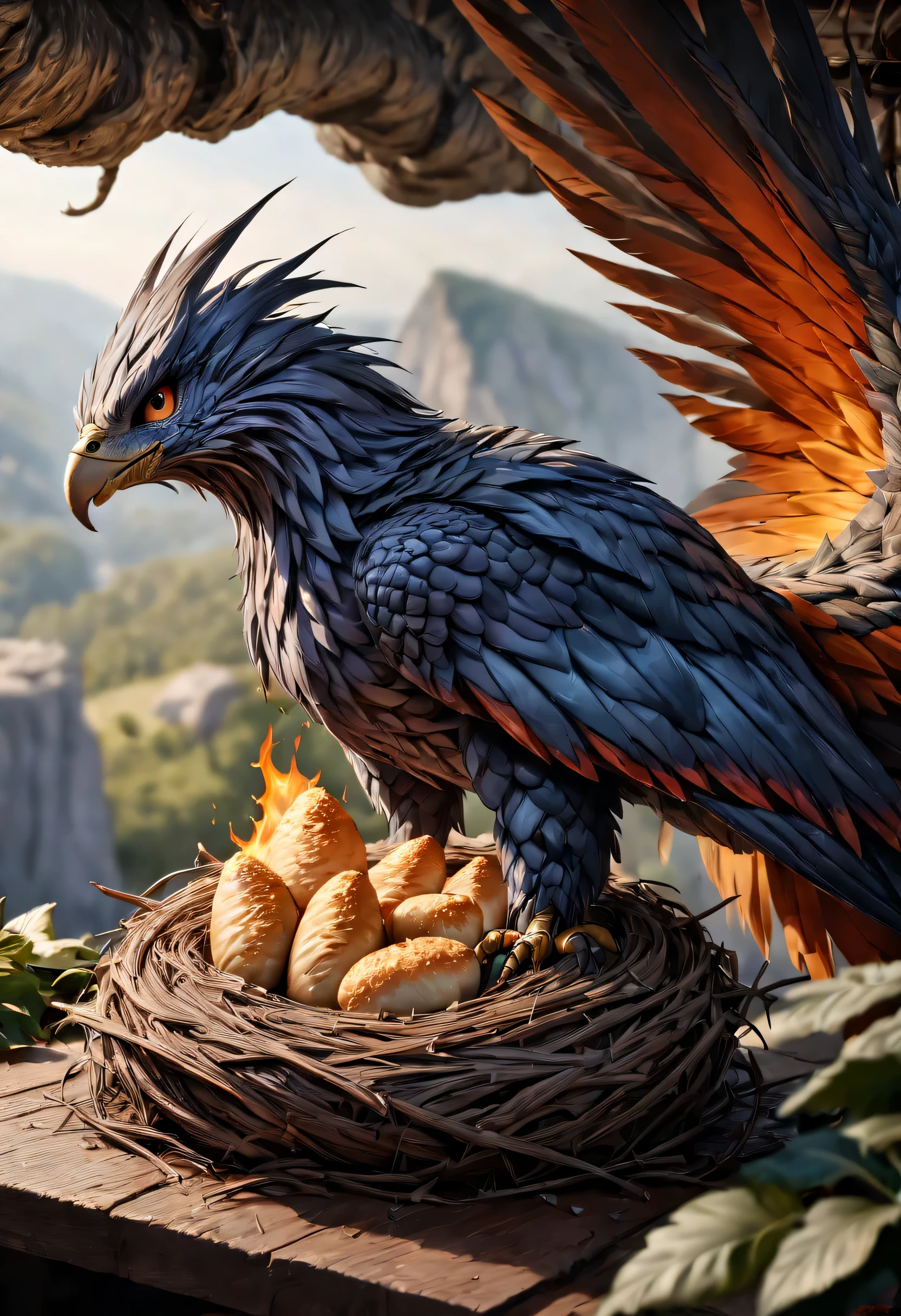 (high quality,4k,8k,highres,masterpiece:1.2),ultra-detailed,(realistic,photorealistic,photo-realistic:1.37),HDR,UHD,studio lighting,ultra-fine painting,sharp focus,physically-based rendering,extreme detail description,professional,vivid colors,bokeh,dragon hawk,flame themed plumage,nest,cliffside,feed,brood