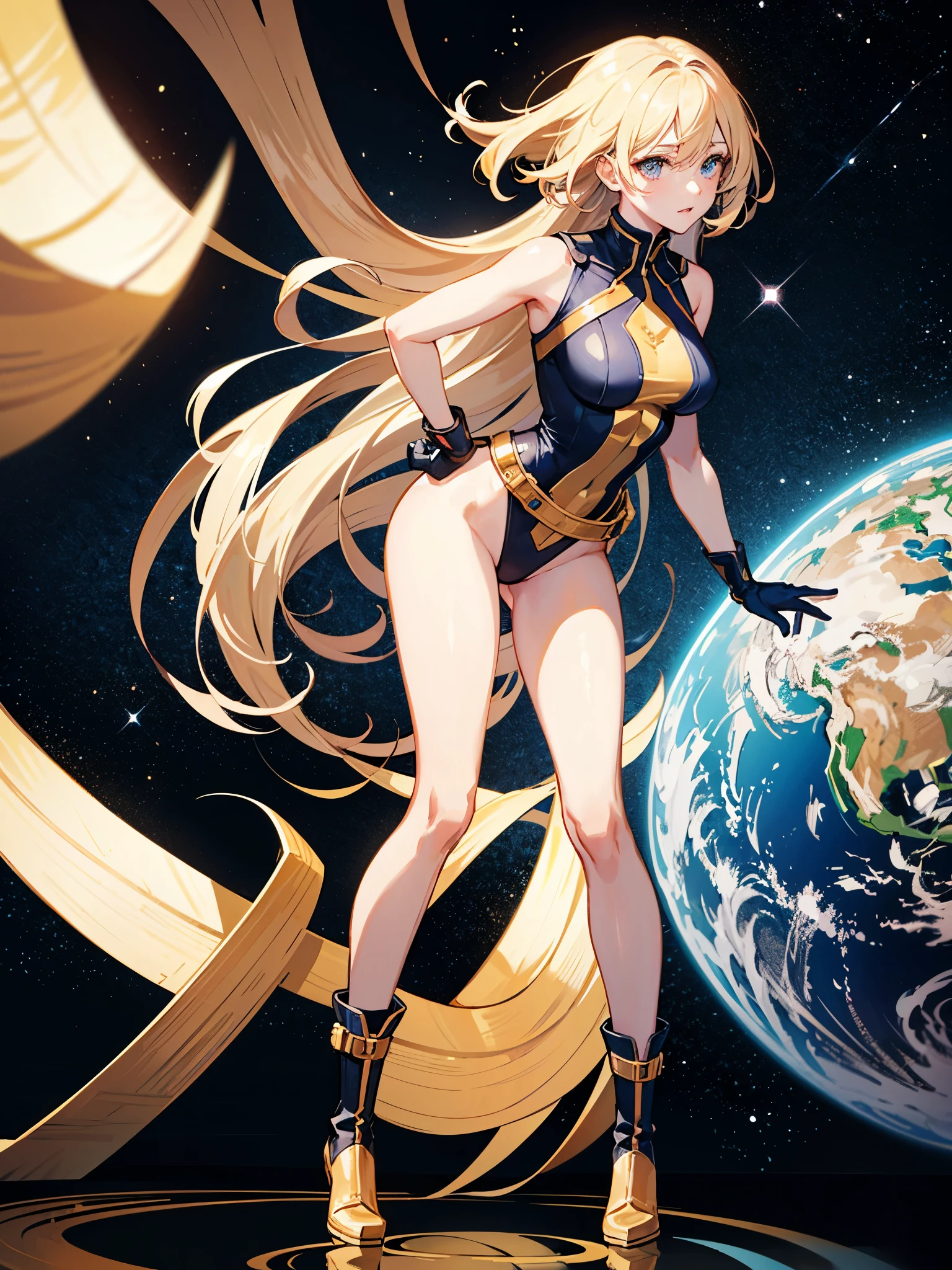 (((pixel-perfect, detail-perfect))), 1girl, superhero, leotard, highleg leotard, bare legs, boots, standing, solo focus, golden belt, hands on hip, full body shot, outer space, sleeveless, ultra highres, absurdres, beautiful face, detailed eyes, symmetric eyes, perfect body, good proportions, mature lady