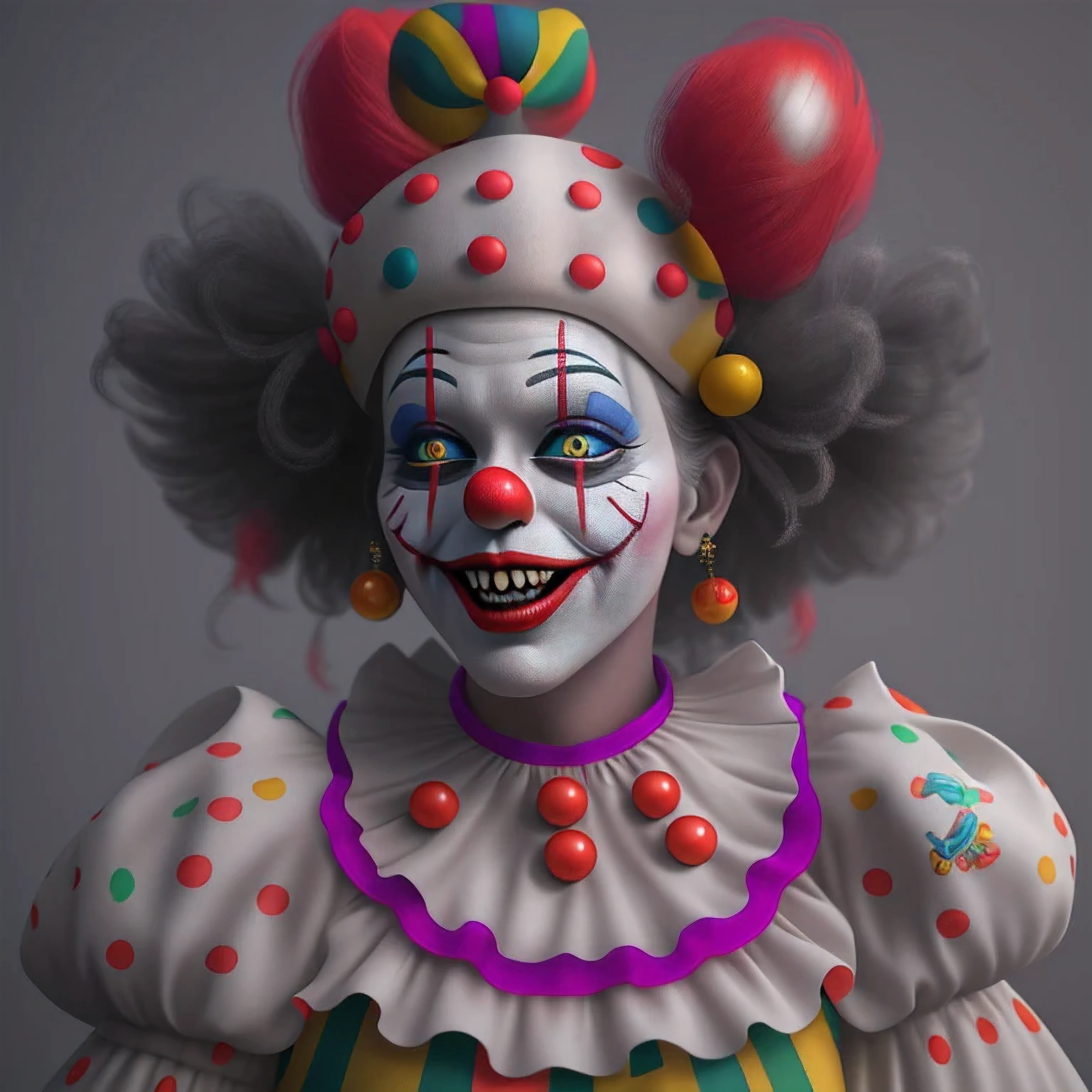 The Clown Queen, Exaggerated body movements，Red eyes，cutecore clowncore, jocker,  4k highly detailed digital art, stunning digital illustration, trending on artstation hq, 3d render digital art