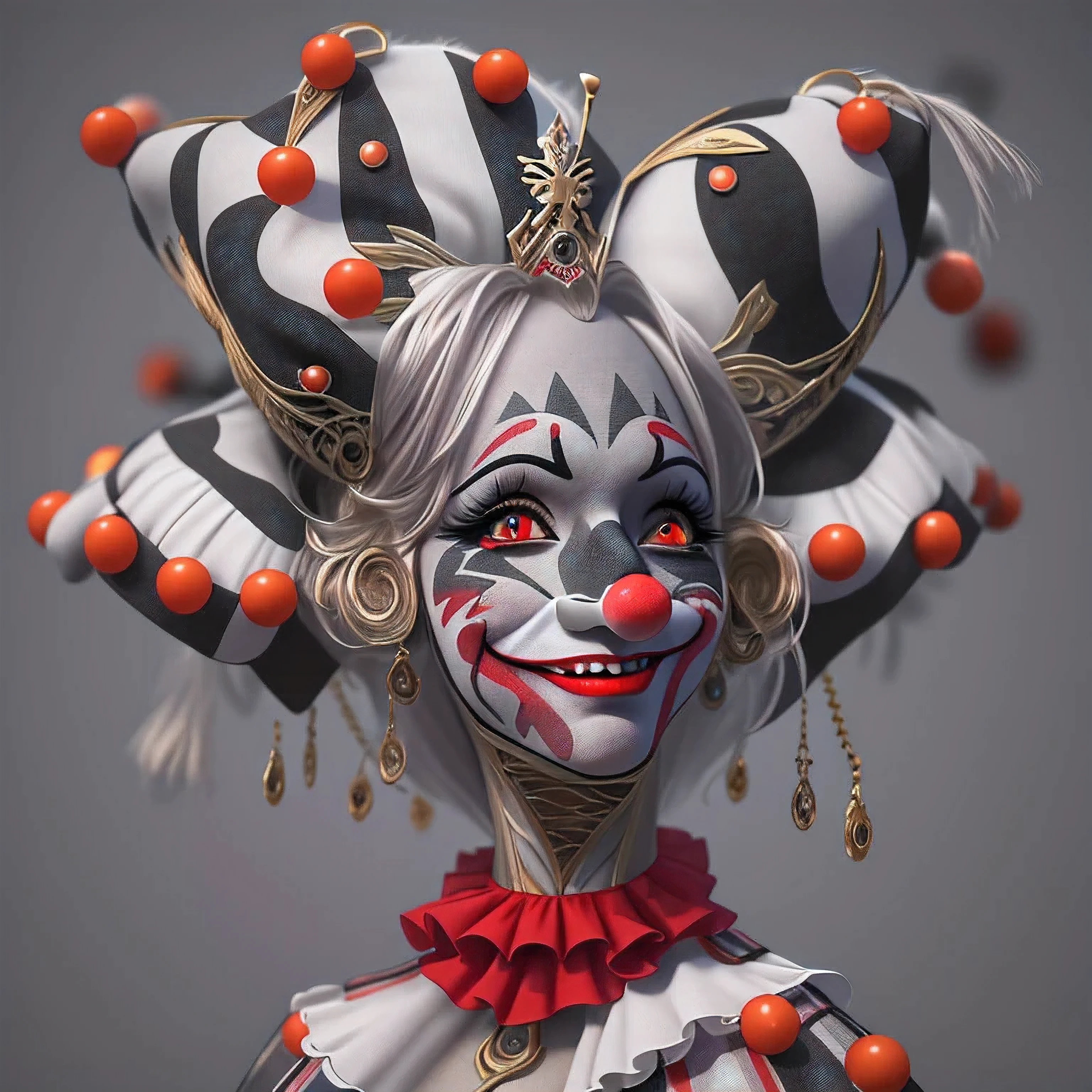 The Clown Queen, Exaggerated body movements,Red eyes,cutecore clowncore, jocker, 4k highly detailed digital art, stunning digital illustration, trending on artstation hq, 3d render digital art