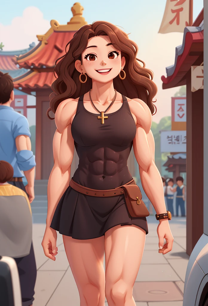 attractive korean woman, ripped muscle, muscular body, small breast, pale skin, smile(blush), nude, sarong, necklace, sixpack abs, [ultra detailed skin:1.2], brown hair, wavy hair, 8k uhd, pussy, full body, crowd, public, night, standing,