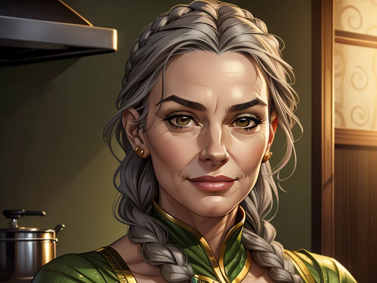 masterpiece, best quality, realistic, 1woman, female, quiet and charming , 60 year old, a smirk, closed mouth, gold skin, portrait, extremely detailed face, cold and smirk, green outfit, ((dark brown eyes)), ((braided hair)),((gray hair)), [thick eyebrows], ((civilian)), dim light, evil, Kitchen background