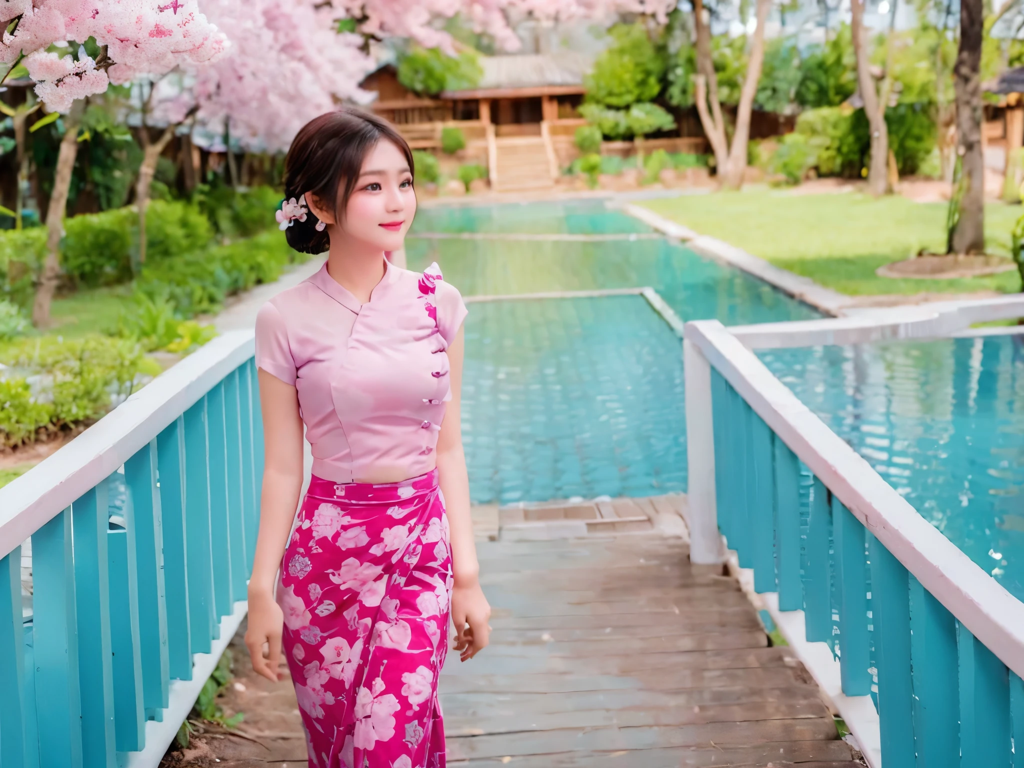 A beautiful burmese girl.she walking under cherry trees.mediun short.hyper deatiled.masterpiece.