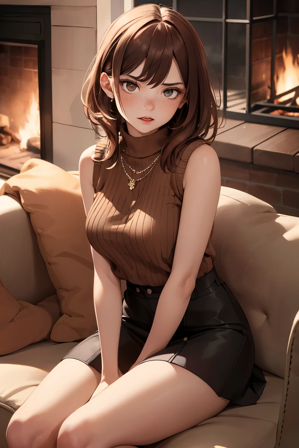 ((best quality)), ((masterpiece)), (detailed), Ridiculous resolution, high resolution, (masterpiece:1.4), Hyper-detailing, a woman. she is 17 years old. auburn hair. She has bangs in her hair. red lips. she is blushing. she has freckles. (Ultra detailed brown eyes)). she is lying on a sofa by the fireplace. She is wearing a sleeveless woolen cropped sweater. She is wearing a woolen, ribbed mini skirt. necklace. full body shot. she is angry.