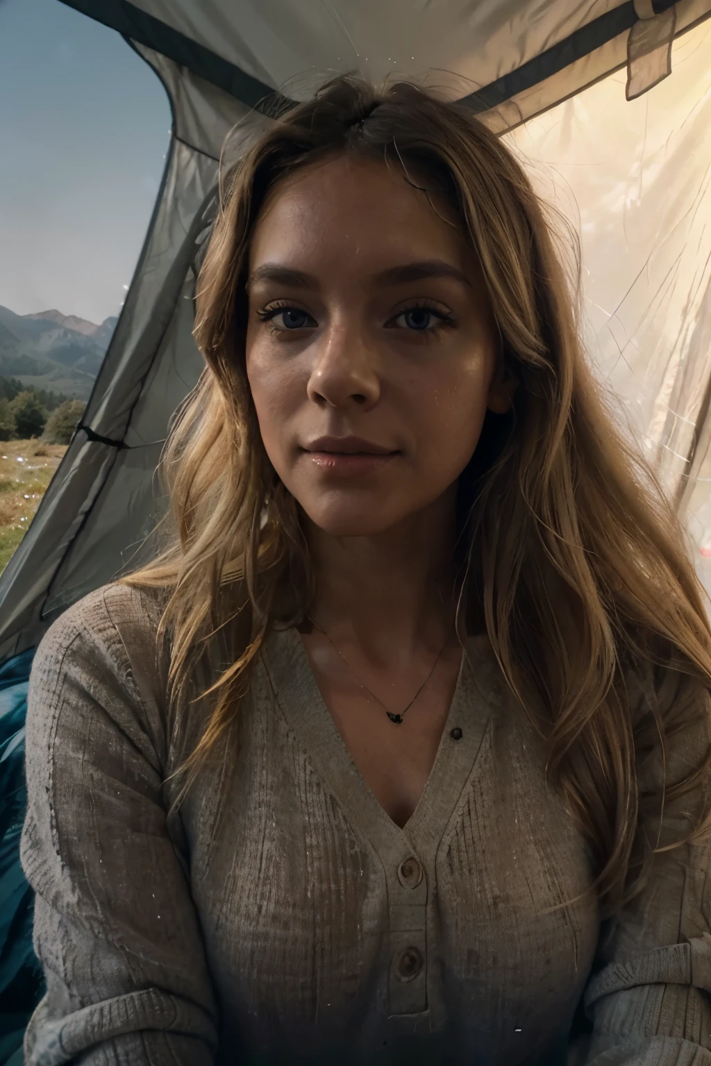 1 woman, beautiful, blue eyes, long blond hair,((upper body selfie, happy)), Filming in a tent, Beautiful backlight, Tent Open Sign,Masterpiece, Best Quality, Ultra-detailed, Solo, exteriors, (natta), mountains, Nature, (sao, the moon) cheerful, happy,, Cosy in a sleeping bag, Inside the tent, When you open the tent, You can see some nice horsemen outside.., woods, rock formations, rivers, wood, smoke, shadowy, contrast, clear skies, analog style (looking up at viewer:1.2) (skin texture) (film grain:1.3), (warm hue, warm tone:1.2), close-up, Cinematic light, Sidelighting, The ultra-Highres, best shadows, ..raw, upper half body, wearing pullover, Relaxed and intimate photos, blonde hairs,
