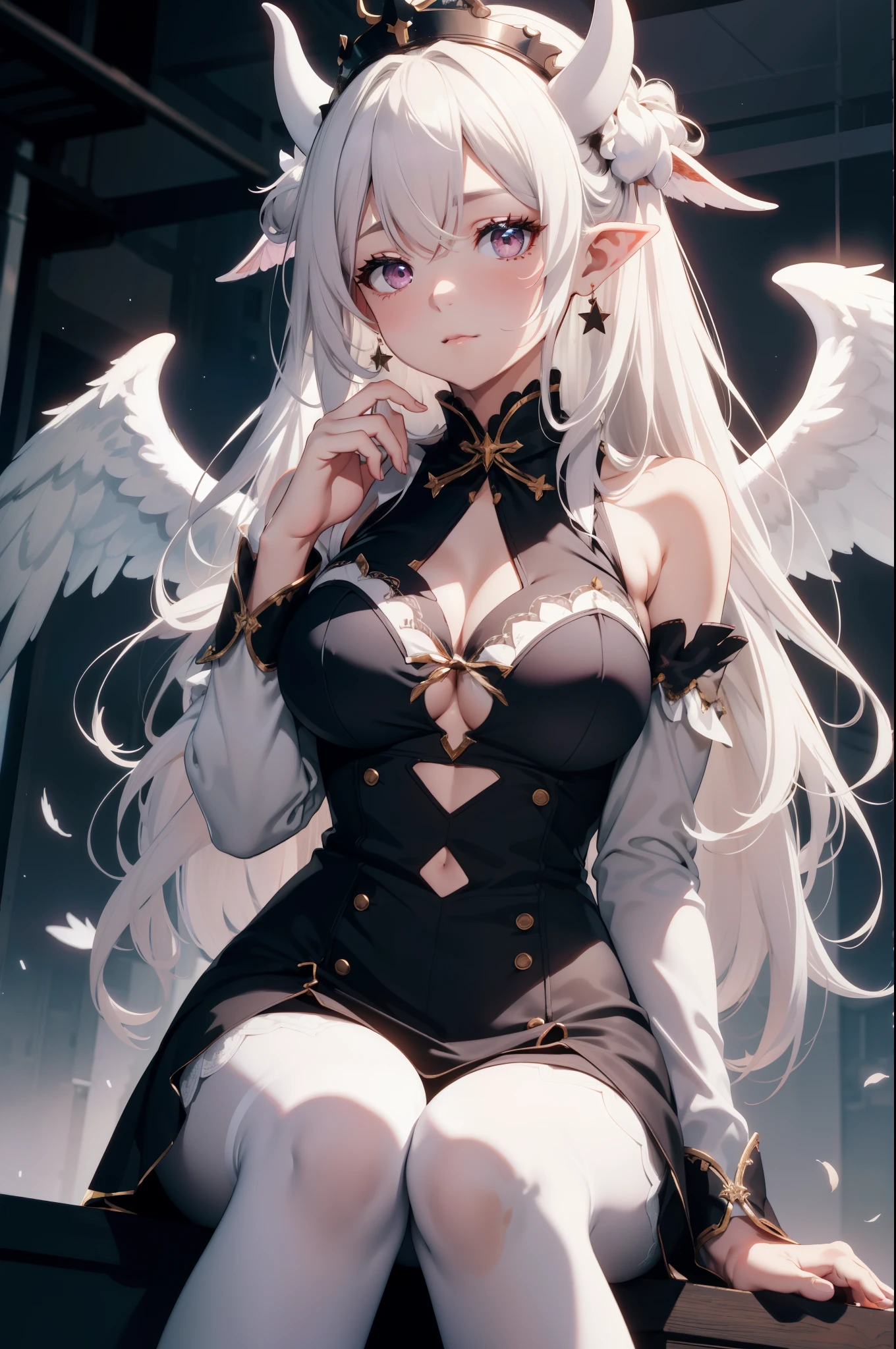 giant girl 50,000 feet high,Weight 1000kg,Has a pair of long legs,Open your eyes wide,Has three pairs of huge white angel wings,With huge devil horns on his head,crown on head,Elf wearing white earrings,She has long pink hair that reaches her feet,loose hair,Pink wavy long curly hair,Wearing a pair of black boots,White sleeves,Wearing white lace pantyhose,Pantyhose with bow and star decorations,白色蕾丝whole body,sitting on a tall building,Beautiful appearance,Exquisite makeup,quality,8k,高quality,Perfect proportion, Cinema lighting,film grain,Fuji colors,8k,textured skin,Super details,high detail,high resolution,charming,blood stains,脚底有blood stains,whole body,Obese,elf princess,feather,flowers