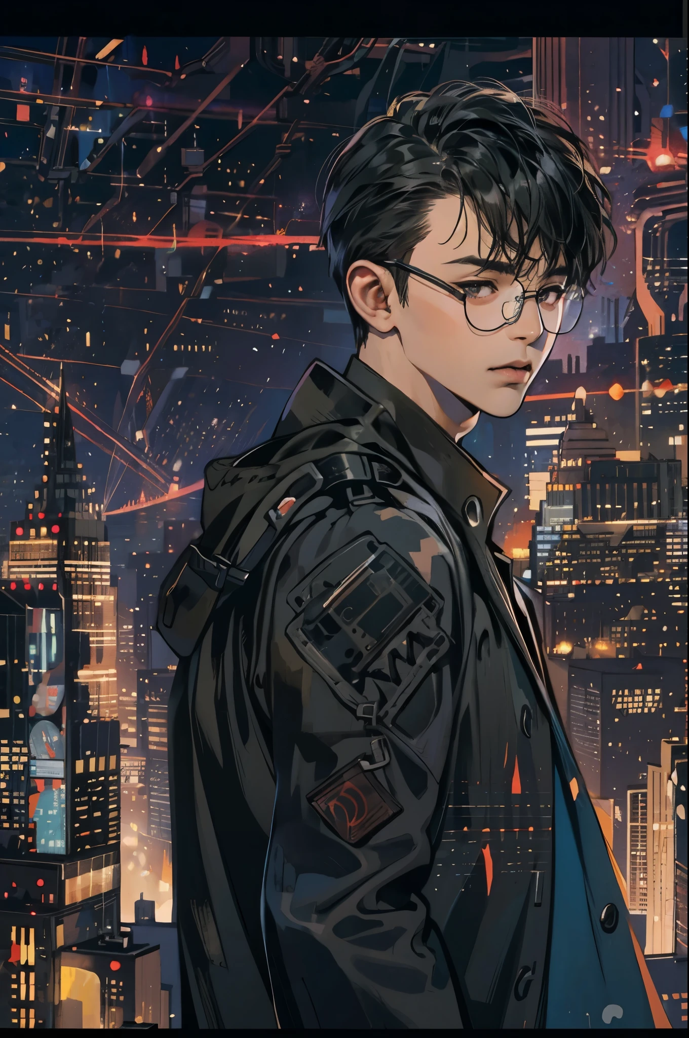 ( highres, ultra detailed, realistic, ), 1 boy,mature, solo, short black hair,  suits,brown eyes,  (glasses)，cyberpunk night sky background, ultra - detailed, best quality, Detailed diagram, vectorized, 8K,  Graphic design, vector lines, Full-HD，upper body