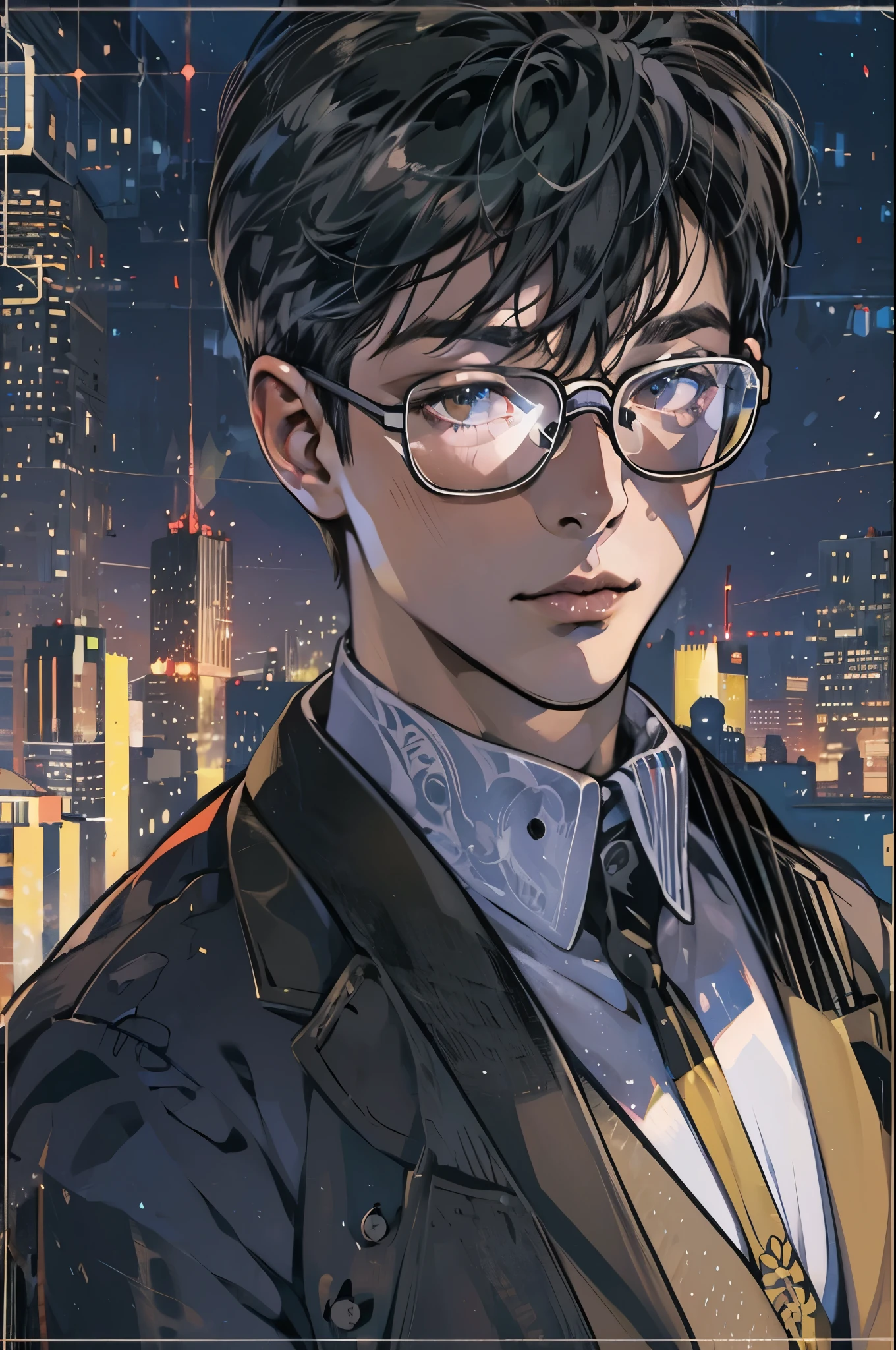 ( highres, ultra detailed, realistic, ), 1 boy,mature, solo, short black hair,  suits,brown eyes,  (glasses)，cyberpunk night sky background, ultra - detailed, best quality, Detailed diagram, vectorized, 8K,  Graphic design, vector lines, Full-HD，upper body