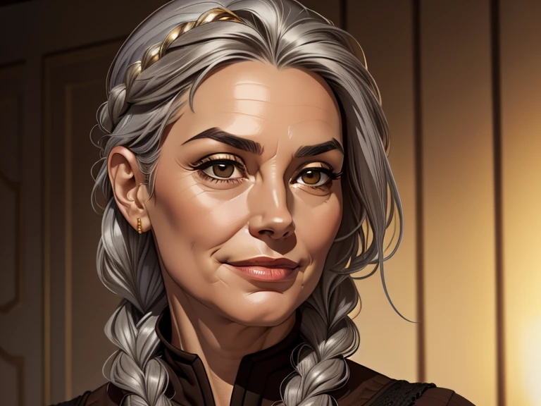 masterpiece, best quality, realistic, 1woman, female, quiet and charming , 60 year old, a smirk, closed mouth, gold skin, portrait, extremely detailed face, cold and smirk, casual outfit, ((dark brown eyes)), ((braided hair)),((gray hair)), [thick eyebrows], ((civilian)), dim light, evil, Kitchen background