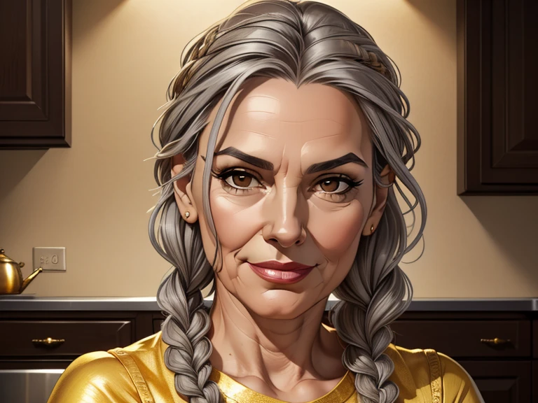masterpiece, best quality, realistic, 1woman, female, quiet and charming , 60 year old, a smirk, closed mouth, gold skin, portrait, extremely detailed face, cold and smirk, casual outfit, ((dark brown eyes)), ((braided hair)),((gray hair)), [thick eyebrows], ((civilian)), dim light, evil, Kitchen background