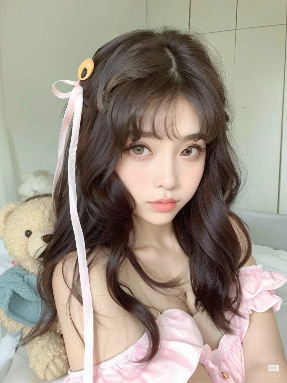 hay una mujer con el pelo largo y un osito de peluche, ulzzang, peinado kawaii, linda chica kawaii, peinado de corte hime blanco, long brown hair with bangs, brown hair with bangs, peinado kawaii, retrato realista kawaii, brown hair and big eyes, chica linda-cara-fina, brown hair and bangs, flequillo esponjoso, muy hermosa linda catgirl