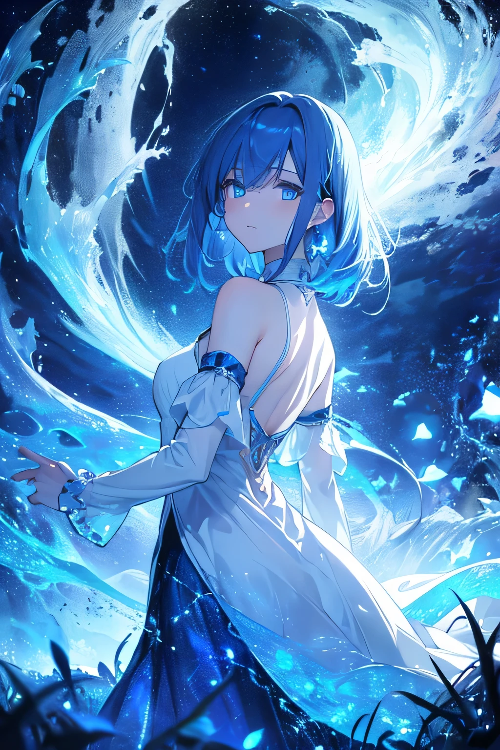 (High resolution, realistic, 4K, super detailed, masterpiece:1.2),1 androgynous girl, Spirit, unisex, shining blue eyes, Blue Medium Hair, shoulder length, white dress, Spirit clothes, flowing dress, ephemeral, transparent girl, nihilistic, Expressionless, poker face, dynamic pose, Accumulating light, magical aura, particles of light, deep night, blue Moon, Moonlight, quiet solitude, mysterious background, dramatic lighting, magical atmosphere, Bright colors, enchanting beauty