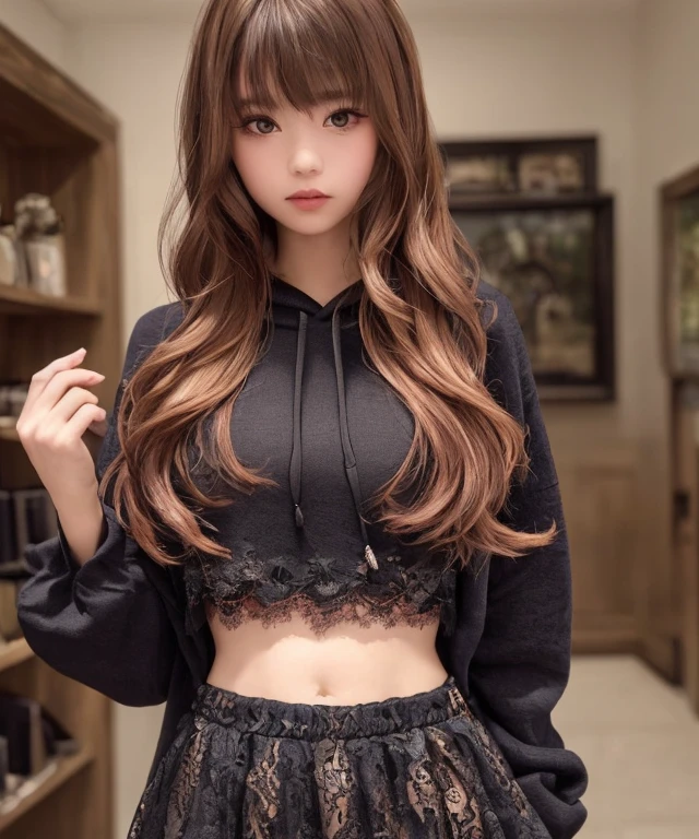 a photo of (saukztf:1.5), looking at viewer, dramatic lighting, looking at viewer, ((masterpiece)), (((bestquality))), ((ultra-detailed)), ((illustration)), ((disheveledhair)), ((lace)), (saukztf), 17 years old, (solo), dynamic angle, Hoodie croptop, expressionless, cute outfit, sexy outfit, long hair