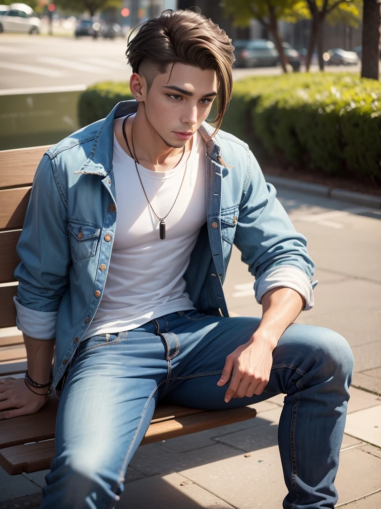 Homem de 20 anos, pele clara, corpo musculoso, cabelo undercut comprido, jeans and sweatshirt, brincos nas orelhas, sitting on a park bench, with cell phone in hand