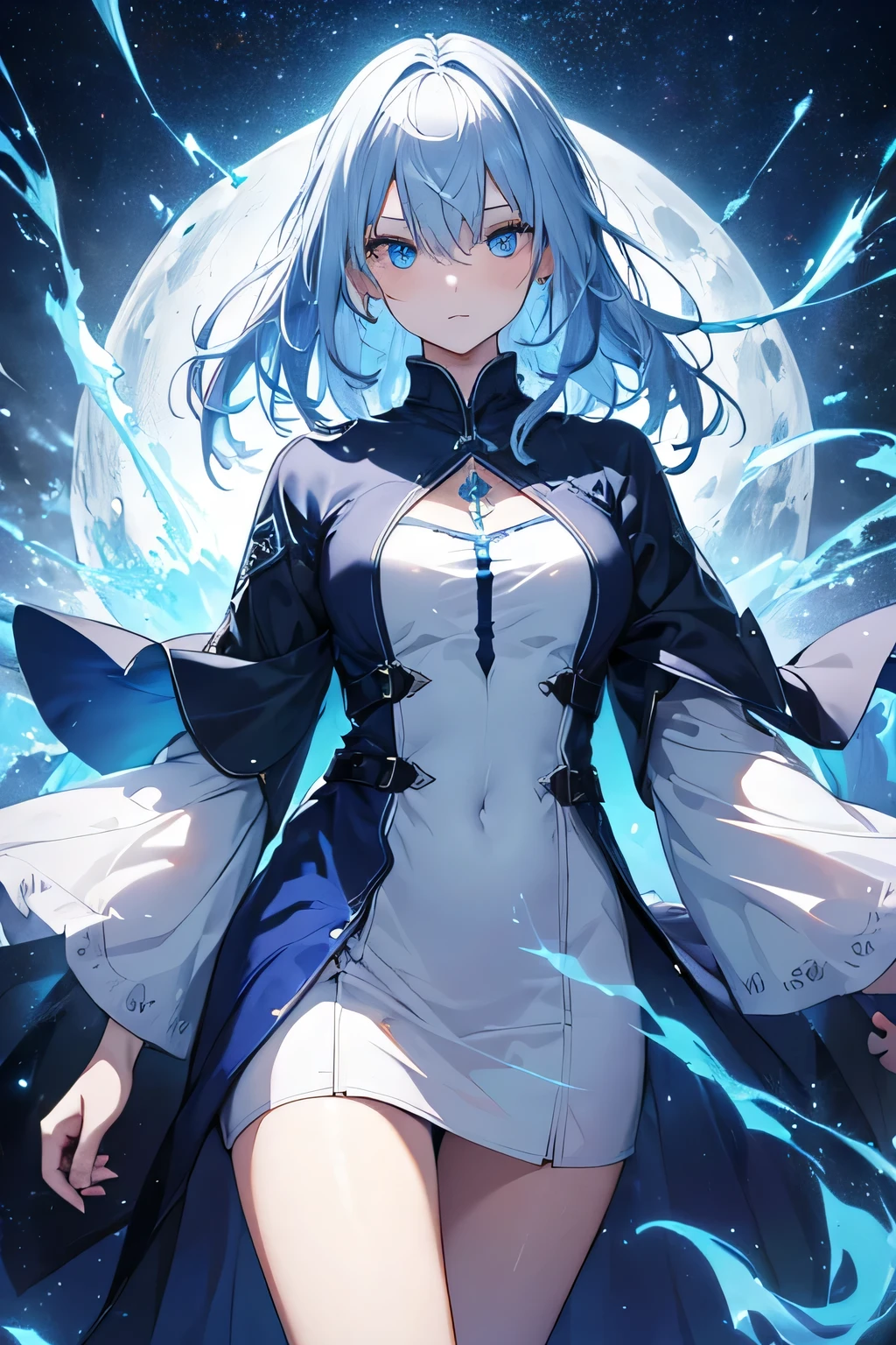 (High resolution, realistic, 4K, super detailed, masterpiece:1.2),1 androgynous girl, Spirit, unisex, shining blue eyes, Blue Medium Hair, white dress, Spirit clothes, flowing dress, nihilistic, Expressionless, poker face, dynamic pose, Accumulating light, magical aura, particles of light, deep night, blue Moon, Moonlight, quiet solitude, mysterious background, dramatic lighting, magical atmosphere, Bright colors, enchanting beauty