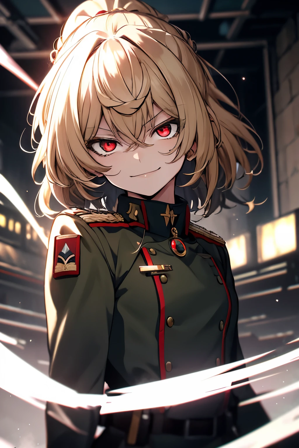 (masterpiece, best quality: 1.1), 1girl solo, tanya, 1girl, solo, , flat chest, small breasts, curvy, military, military uniform, ,, evil smile, wicked expression, anger, red eyes, neutral lighting
