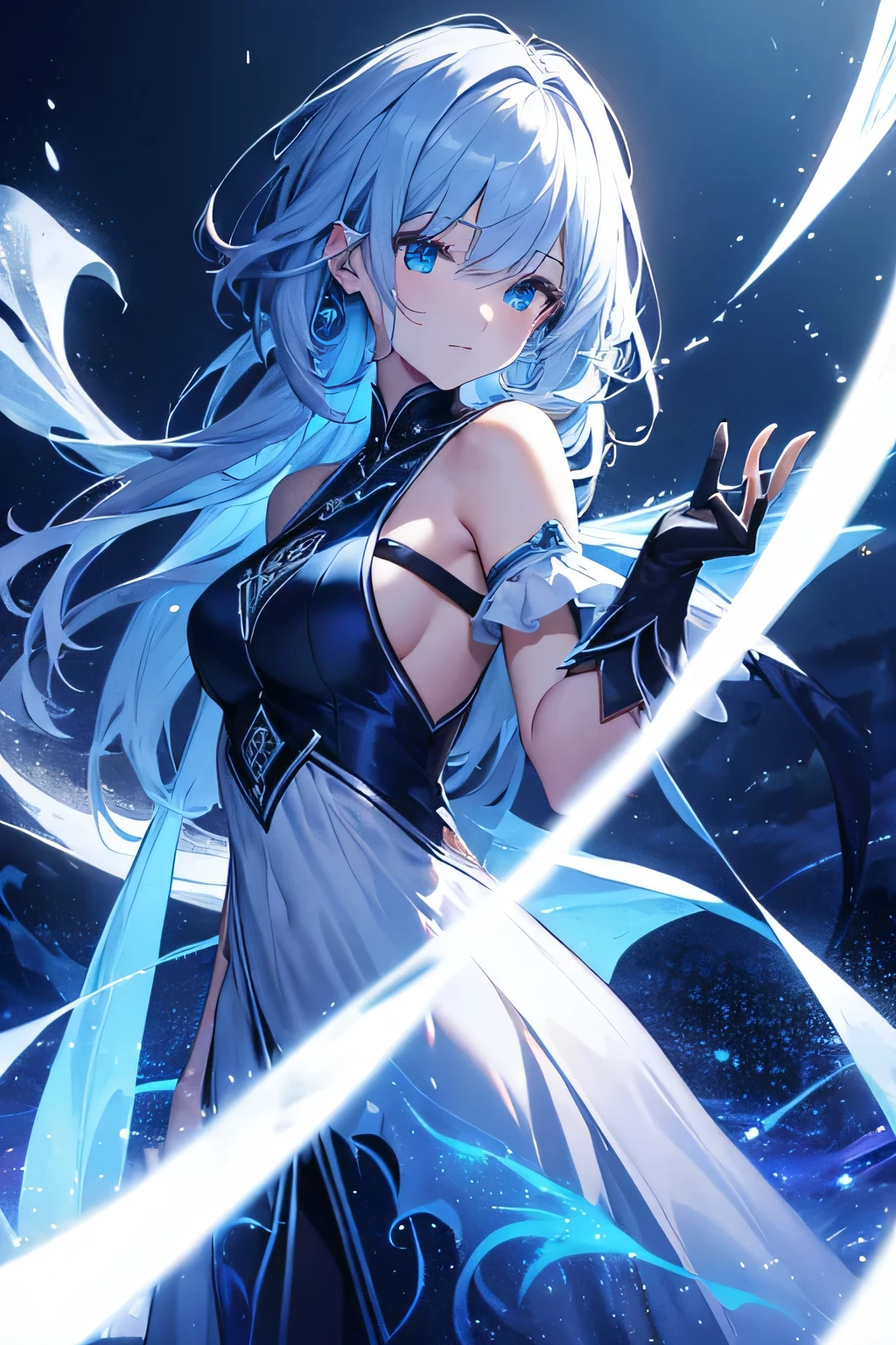 (High resolution, realistic, 4K, super detailed, masterpiece:1.2),1 androgynous girl, Spirit, unisex, shining blue eyes, Blue Medium Hair, shoulder length, white dress, Spirit clothes, flowing dress, ephemeral, transparent girl, nihilistic, Expressionless, poker face, dynamic pose, Accumulating light, magical aura, particles of light, deep night, blue Moon, Moonlight, quiet solitude, mysterious background, dramatic lighting, magical atmosphere, Bright colors, enchanting beauty