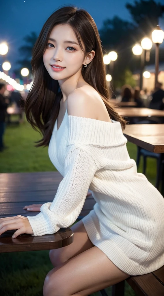 table top, highest quality, realistic, highest quality, finely, professional lighting, High resolution, 8K、surreal, 1 beautiful woman, master works, professional photographer, mini skirt, light brown hair, earrings, Model Makeup, perfect dynamic composition, beautiful and fine eyes, smile, In the park on a winter night, upper glance、white off shoulder knit、White sweater with V-neck、smile a little, Show full-body fashion, leaning forward, bend over, butt