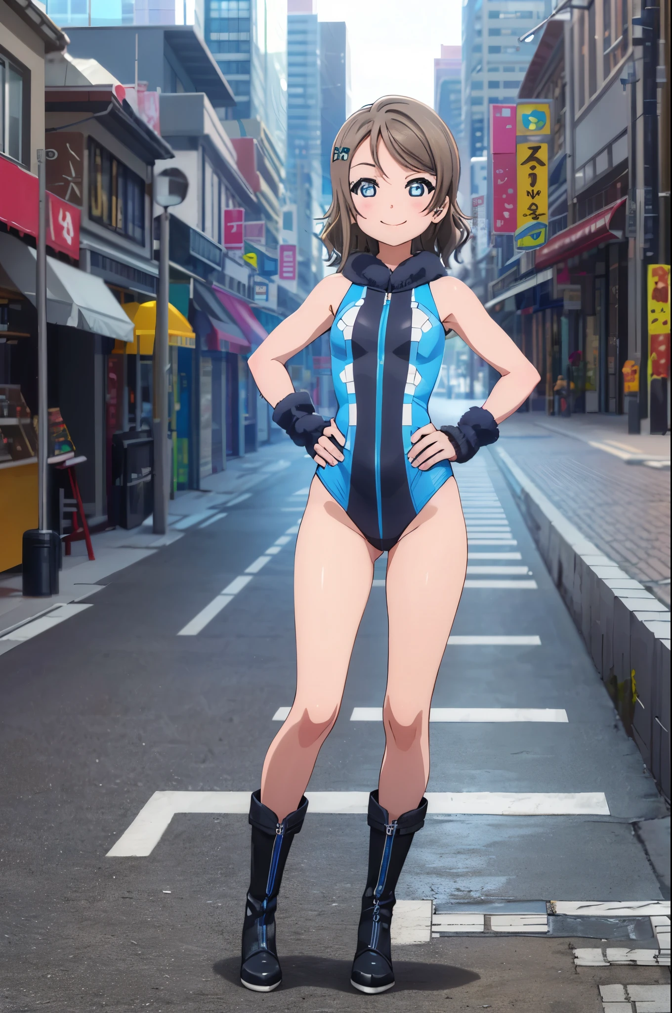 (((pixel-perfect, detail-perfect))), solo, single, solo focus, 1girl, you watanabe, looking at viewer, smile, superhero, leotard, bare legs, boots, standing, hands on hip, full body shot, city backdrop, sleeveless, ultra highres, absurdres, ((only five fingers)), perfect body, good proportions