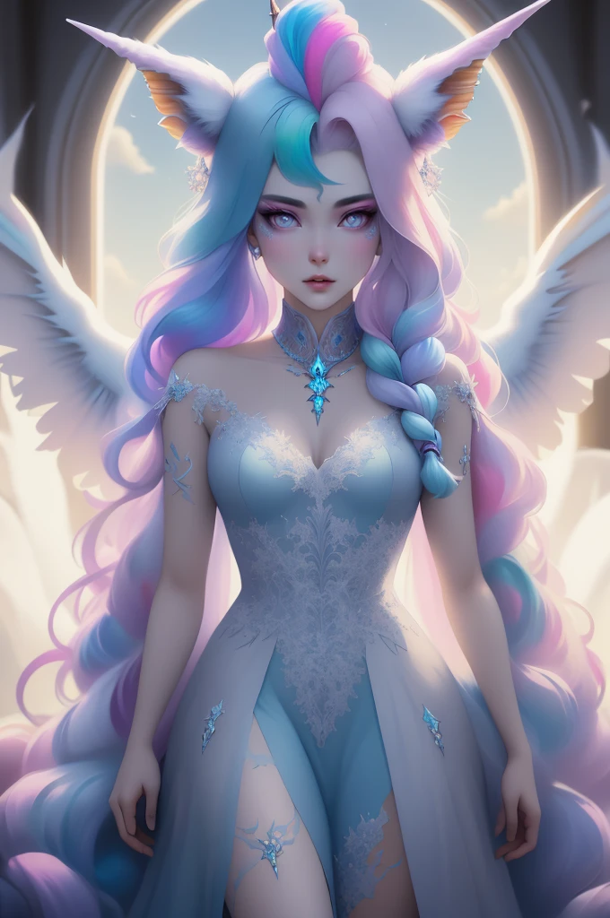 {-erro_de_anatomia:1.0} There is a white unicorn girl, blue mane and long mane, white unicorn, unicorn, unicorn horns, A unicorn, celestia, Nine stories, blue unicorn, soft dreamy, cinematic light《fangs》Unicorn in, mythological creatures, a mythical creature, Pokémon illustration, unicorns, a glaceon princess, Auroracore, ghostly iridescent, image good for rendering, laying in the bed, unicorn girl, full body.