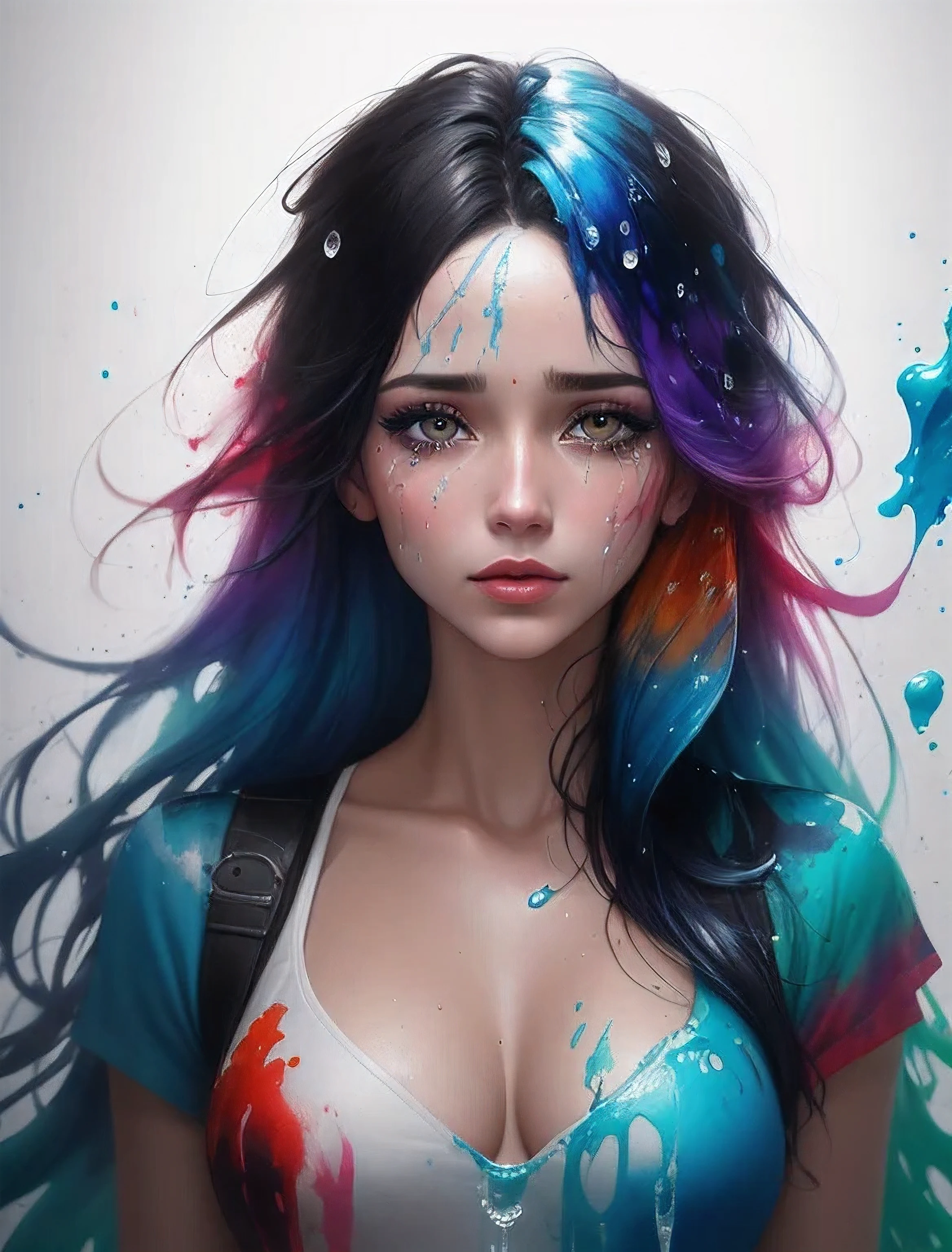 A half body portrait of a woman made of paint, half body is submerged in paint, multicolor hair depicting a waterfall, drops of water on the face and body, tears of paint, concept art inspired by Alberto Seveso, symmetrical, abstract artstyle, intricate, watercolor explosion painting, digital painting, 2d render, 8k, trending on artstation