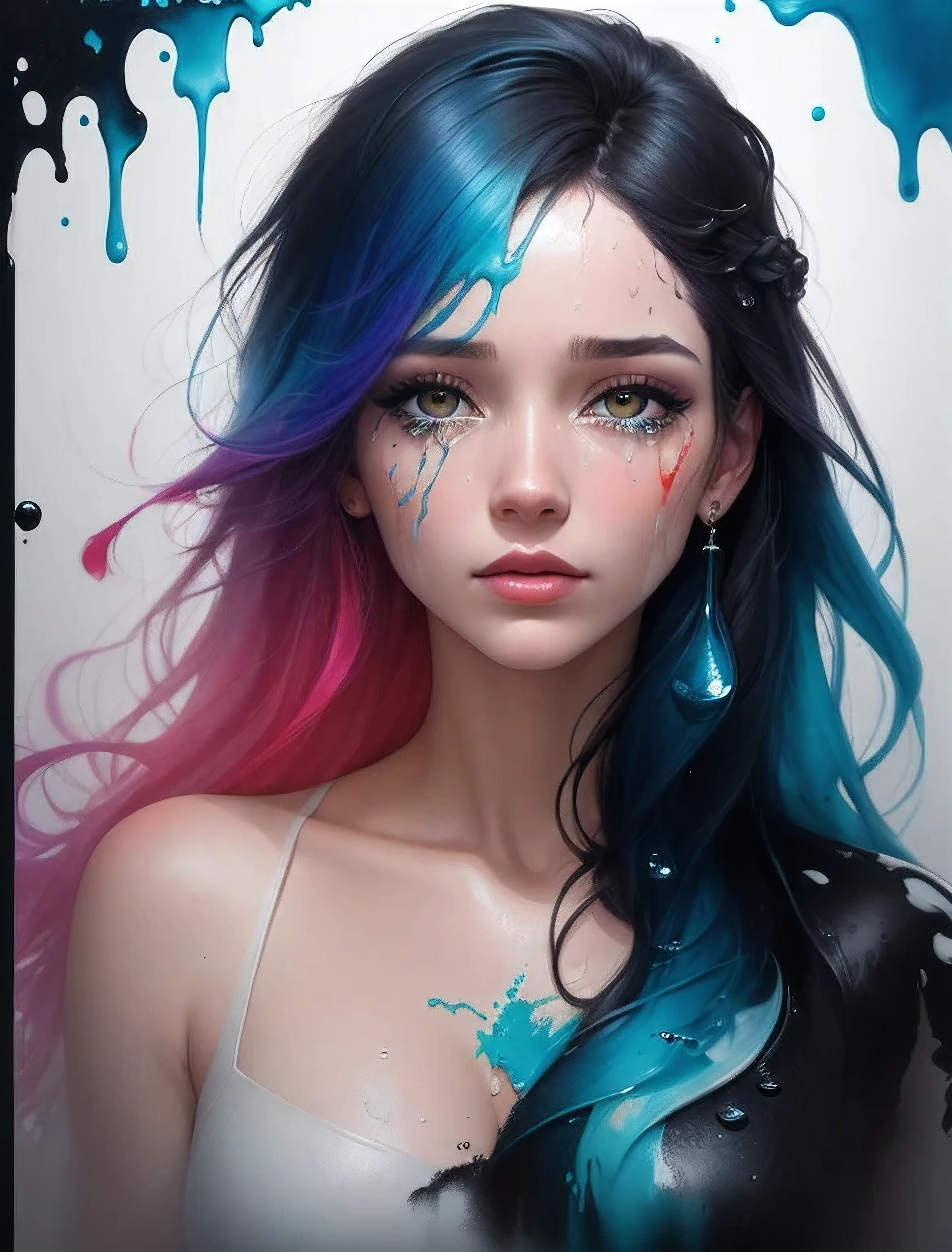 A half body portrait of a woman made of paint, half body is submerged in paint, multicolor hair depicting a waterfall, drops of water on the face and body, tears of paint, concept art inspired by Alberto Seveso, symmetrical, abstract artstyle, intricate, watercolor explosion painting, digital painting, 2d render, 8k, trending on artstation
