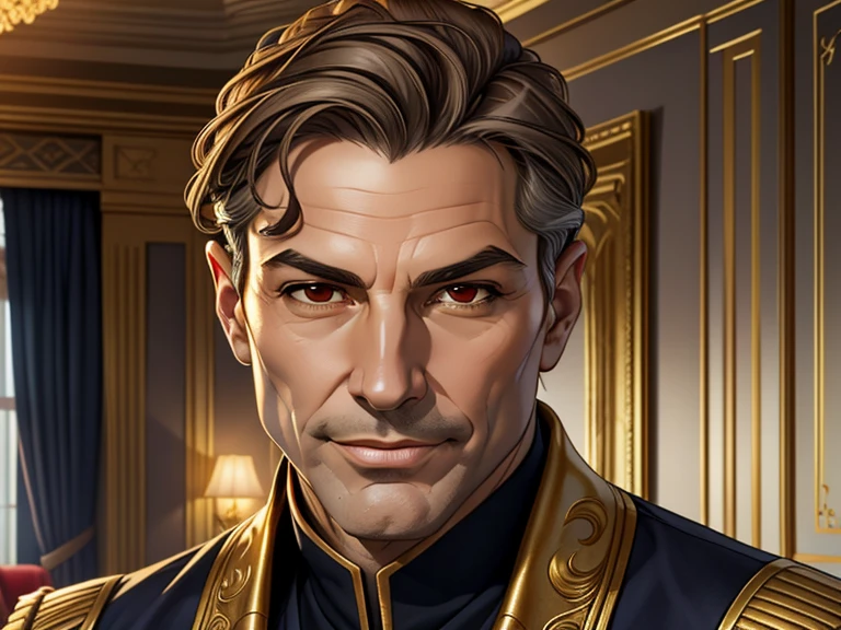 masterpiece, best quality, realistic, 1man, slim male, quiet and charming man, 50 year old, a smirk, closed mouth, gold skin, portrait, extremely detailed face, cold and smirk, ((brown eyes)), ((short wavy gray hair)), [very thick eyebrows], dark palace, ((navy)), dim light, evil, living room background