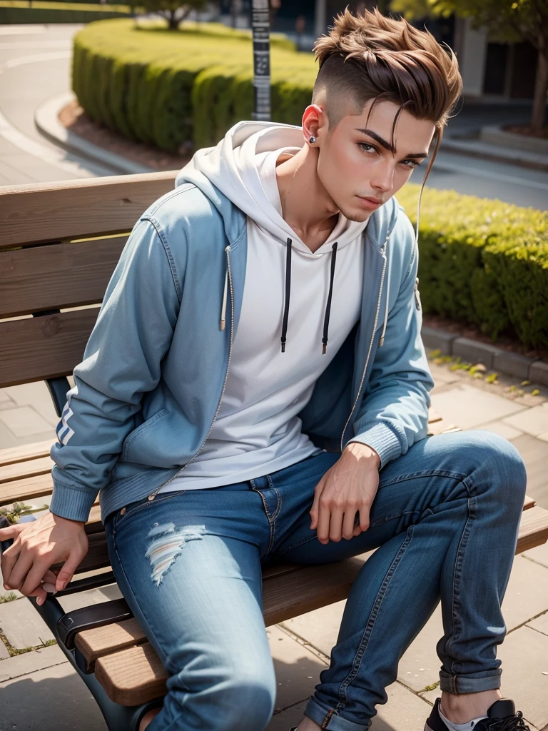 Homem de 20 anos, pele clara, corpo definido, cabelo undercut comprido, jeans and hoodie, brincos nas orelhas, sitting on a park bench