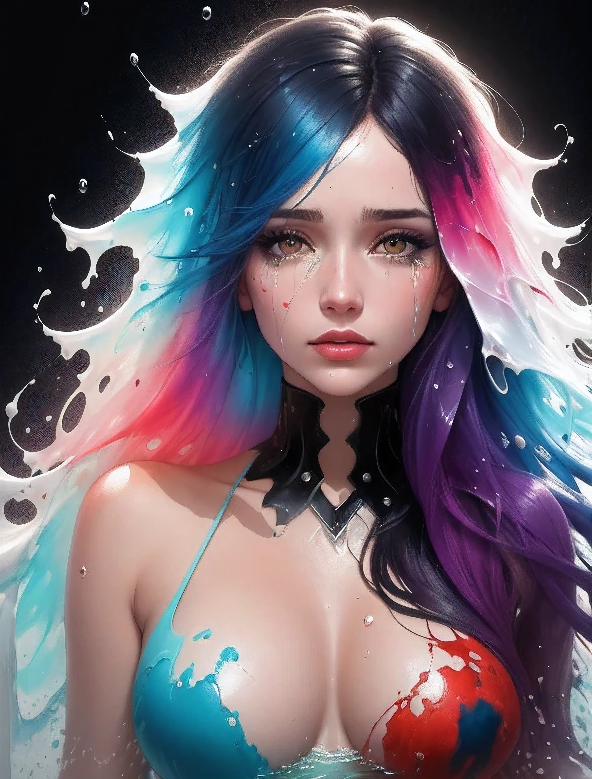 A half body portrait of a woman made of paint, half body is submerged in paint, multicolor hair depicting a waterfall, drops of water on the face and body, tears of paint, concept art inspired by Alberto Seveso, symmetrical, abstract artstyle, intricate, watercolor explosion painting, digital painting, 2d render, 8k, trending on artstation