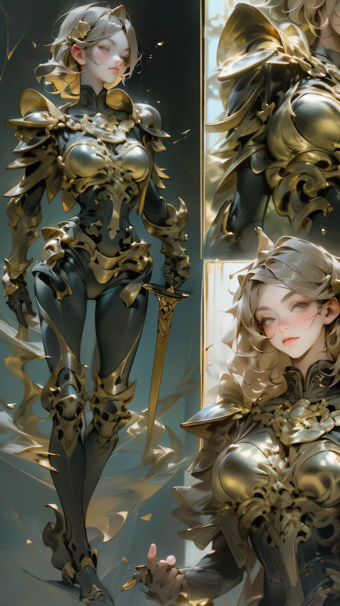 skeleton knight, Greatsword, masterpiece, best quality, realistic epic, (Black_marble), (black wing: 1.3), intricate details, complex patterns, golden dust, floating (gold cloth), Detailed texture, shattered glass, Divine Light, (((plunder)), golden rose, gold foil, motion blur, depth of field, hologram, (medium breasts: 1.3), (realism:1.5), (realistic:1.4), (absurd:1.4 ), 8k, Super detailed, Beautiful girl detailed, (Only 1 pcs:1.4), 1 girl, (Viewer-oriented:1.2), (Sunny days: 1.5), Intricate body details, (short:1.3), (best quality: 1.0), (ultra high definition) : 1.0), The face and eyes are very detailed, (lifelike: 1.2)