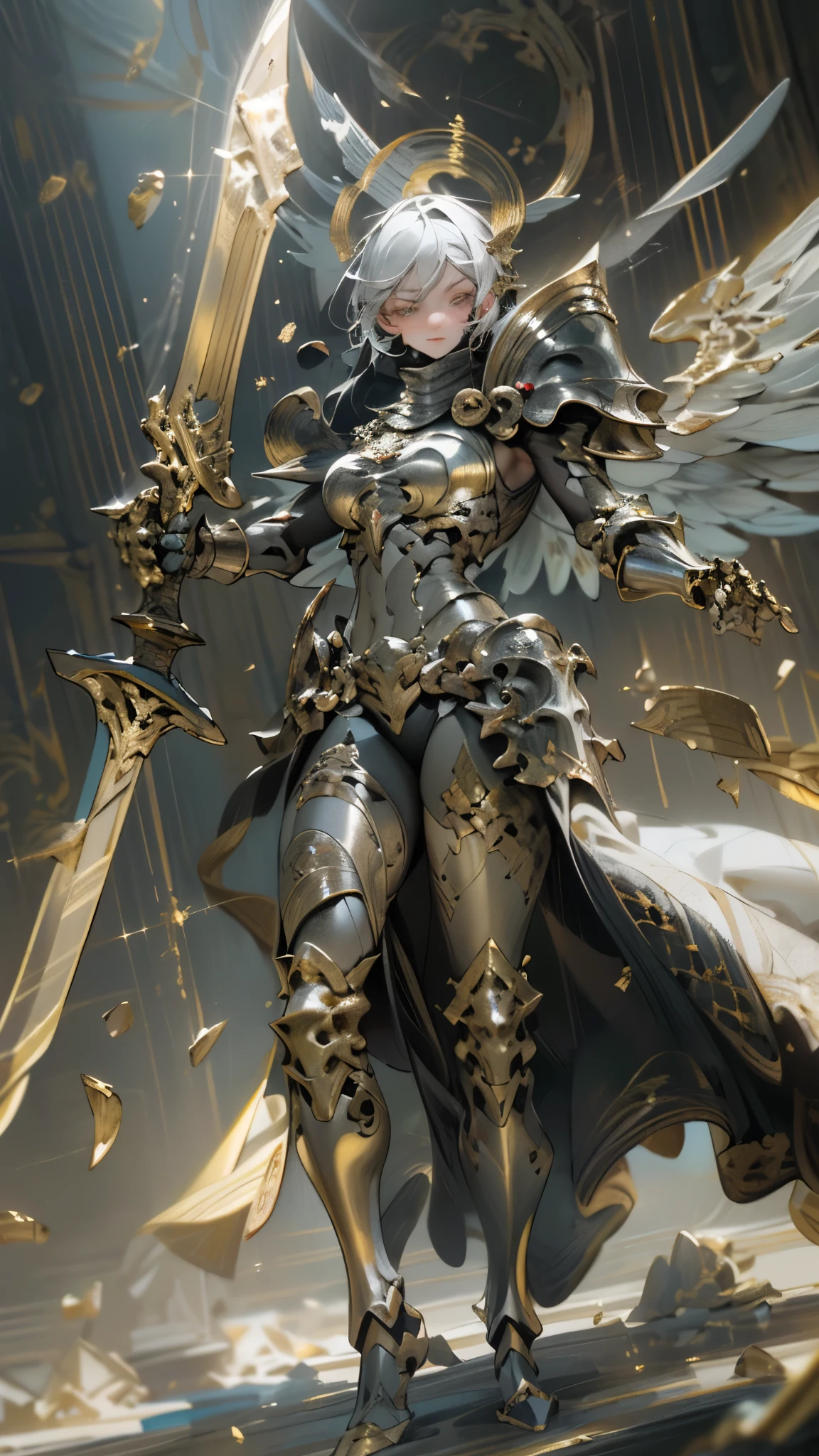 skeleton knight, Greatsword, masterpiece, best quality, realistic epic, (Black_marble), (black wing: 1.3), intricate details, complex patterns, golden dust, floating (gold cloth), Detailed texture, shattered glass, Divine Light, (((plunder)), golden rose, gold foil, motion blur, depth of field, hologram, (medium breasts: 1.3), (realism:1.5), (realistic:1.4), (absurd:1.4 ), 8k, Super detailed, Beautiful girl detailed, (Only 1 pcs:1.4), 1 girl, (Viewer-oriented:1.2), (Sunny days: 1.5), Intricate body details, (short:1.3), (best quality: 1.0), (ultra high definition) : 1.0), The face and eyes are very detailed, (lifelike: 1.2)