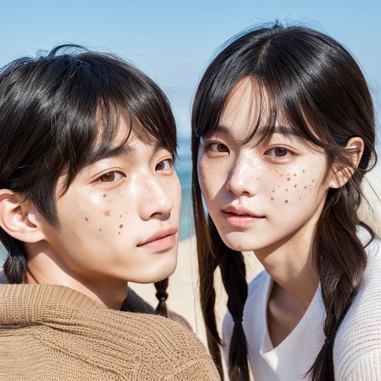 (best quality,korean men),twins,perfect face,long hair,freckles on the face,natural hair,pale skin with spots,heterochromia eyes with high resolution