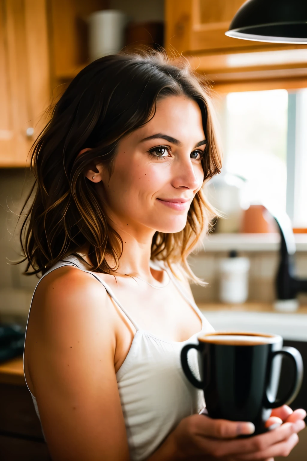 Homemade coffee being made in a cozy kitchen, intricately detailed, high resolution, masterpiece, best quality, saving time and money, 30 years old, earnest face, messy hair, brown eyes, sharp focus, detailed skin, realistic skin texture, texture, detailed hands handling coffee beans and utensils, professional, 4k, charming smile, filmed on Canon, 85 mm, shallow depth of field, Kodak Vision Color, perfectly balanced roast, extremelly detailed, photorealistic, realistic, post-processing, maximum details, roughness, echtes Leben, ultra realistic, photorealism, photography, 8k uhd, photography.